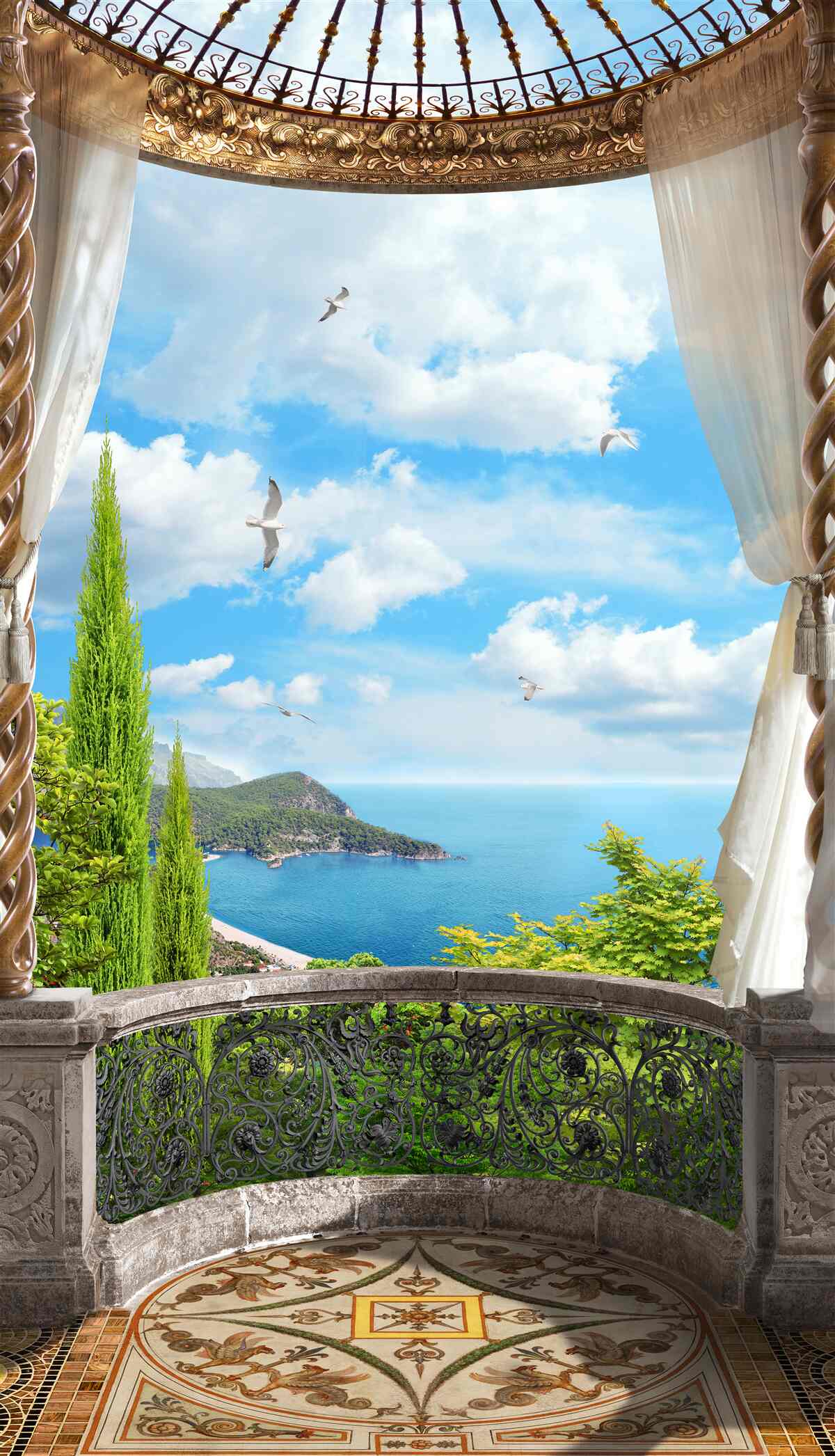 Fotobehang veranda met panoramisch uitzicht op zee