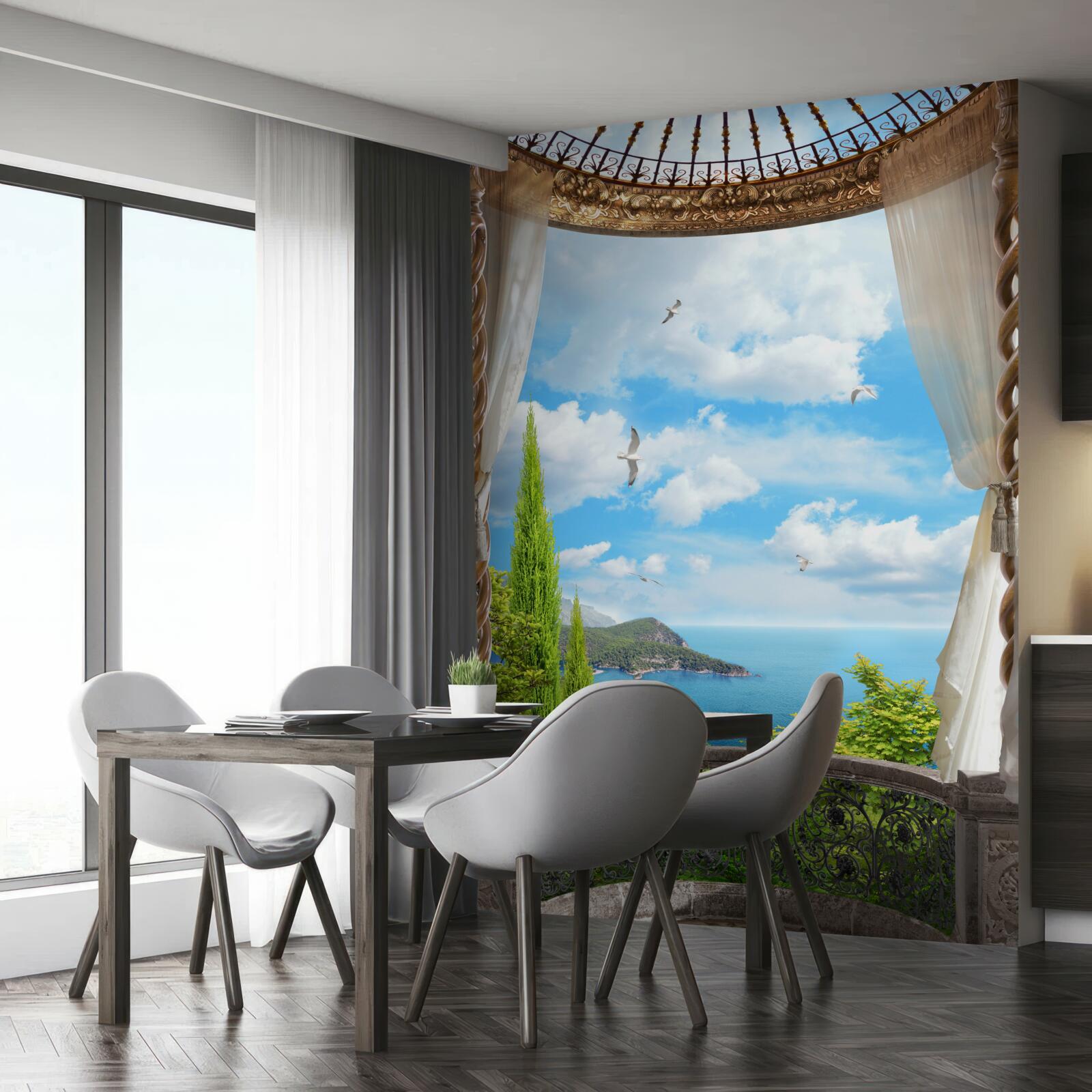 Fotobehang veranda met panoramisch uitzicht op zee