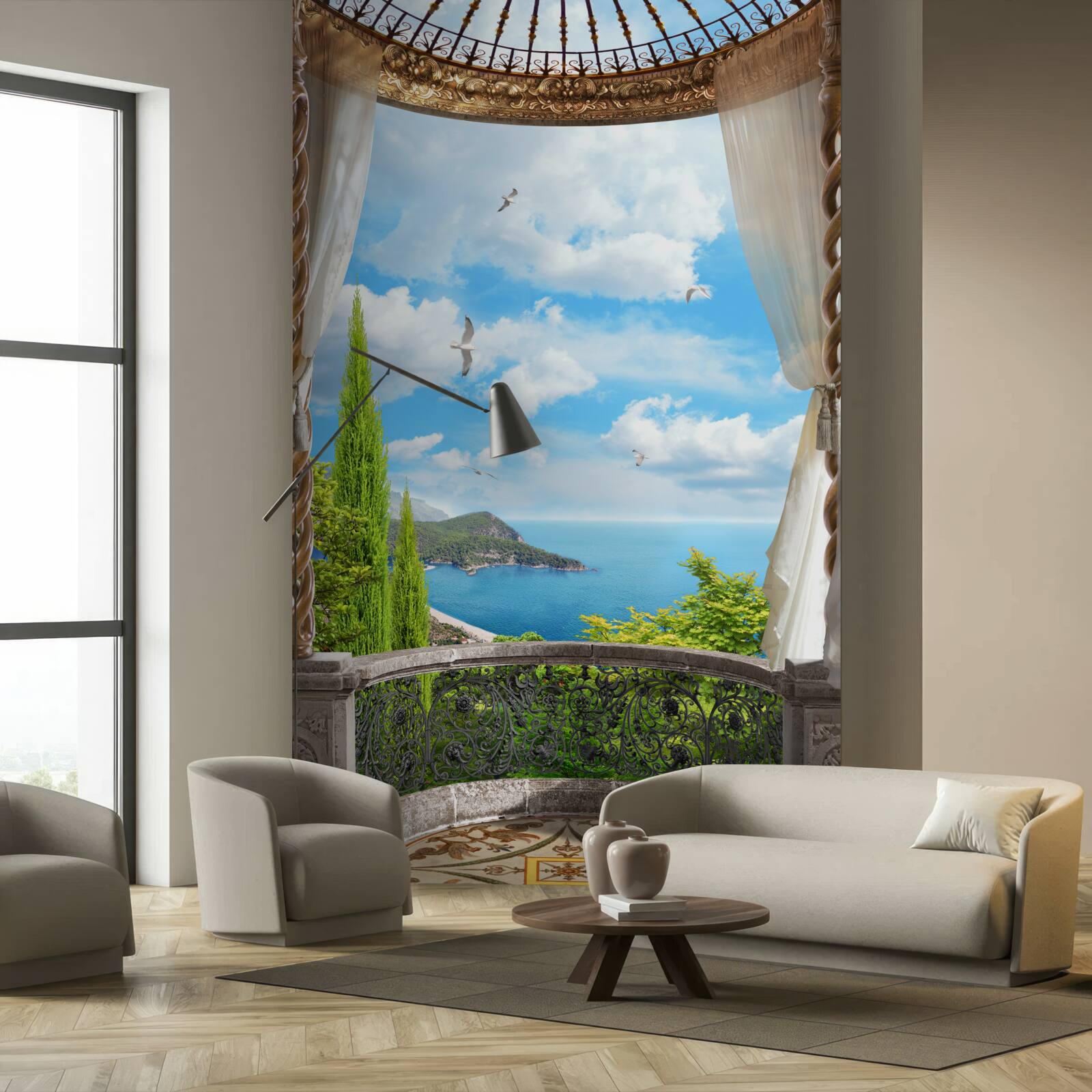 Fotobehang veranda met panoramisch uitzicht op zee