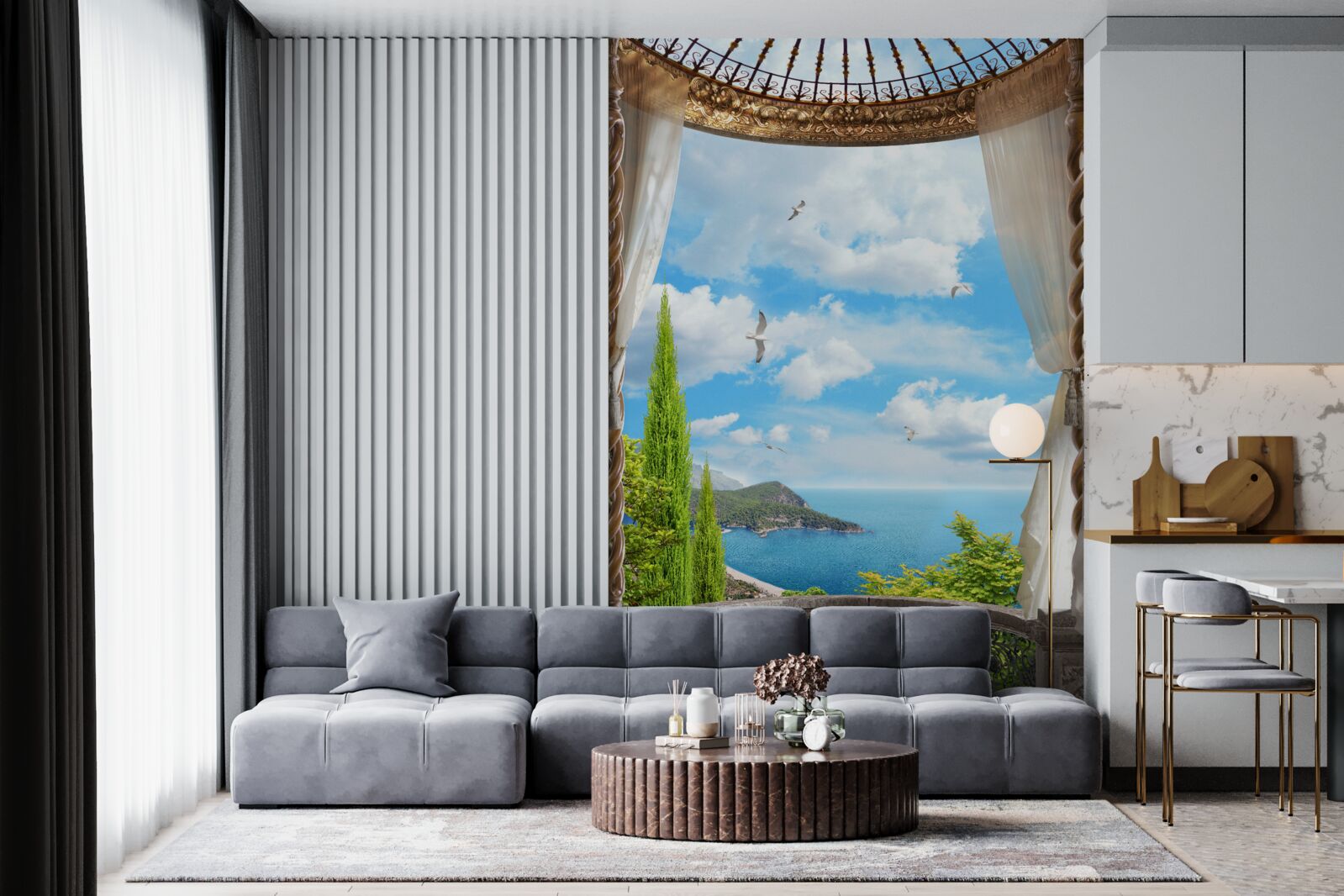 Fotobehang veranda met panoramisch uitzicht op zee