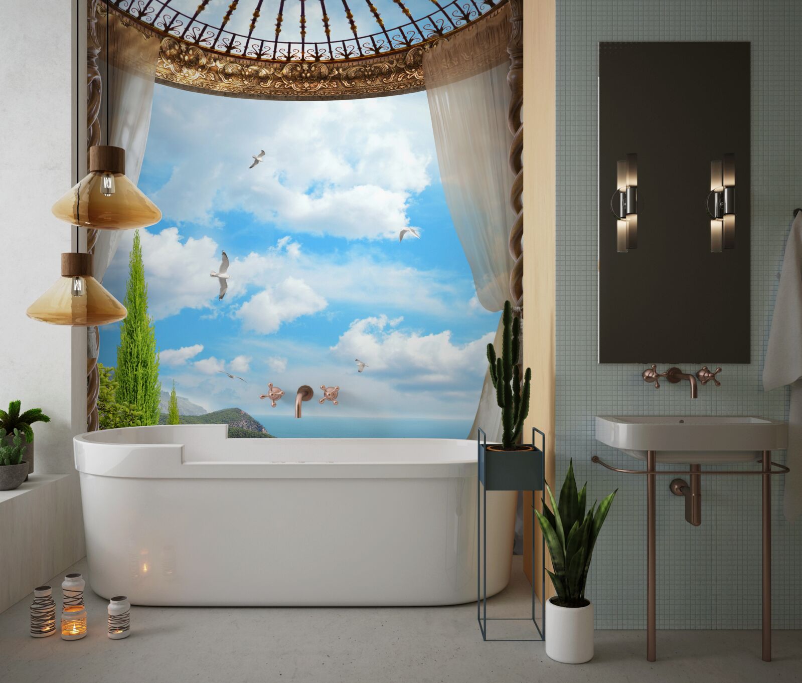 Fotobehang veranda met panoramisch uitzicht op zee