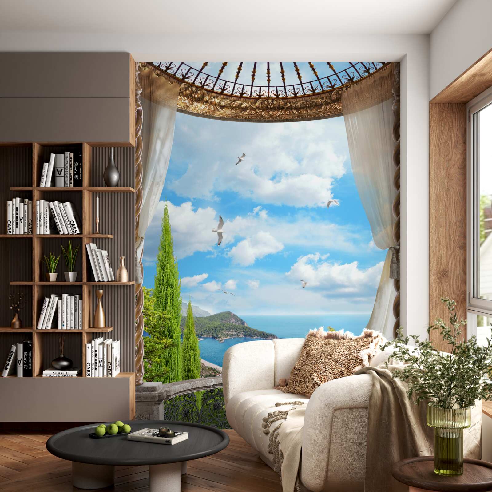 Fotobehang veranda met panoramisch uitzicht op zee