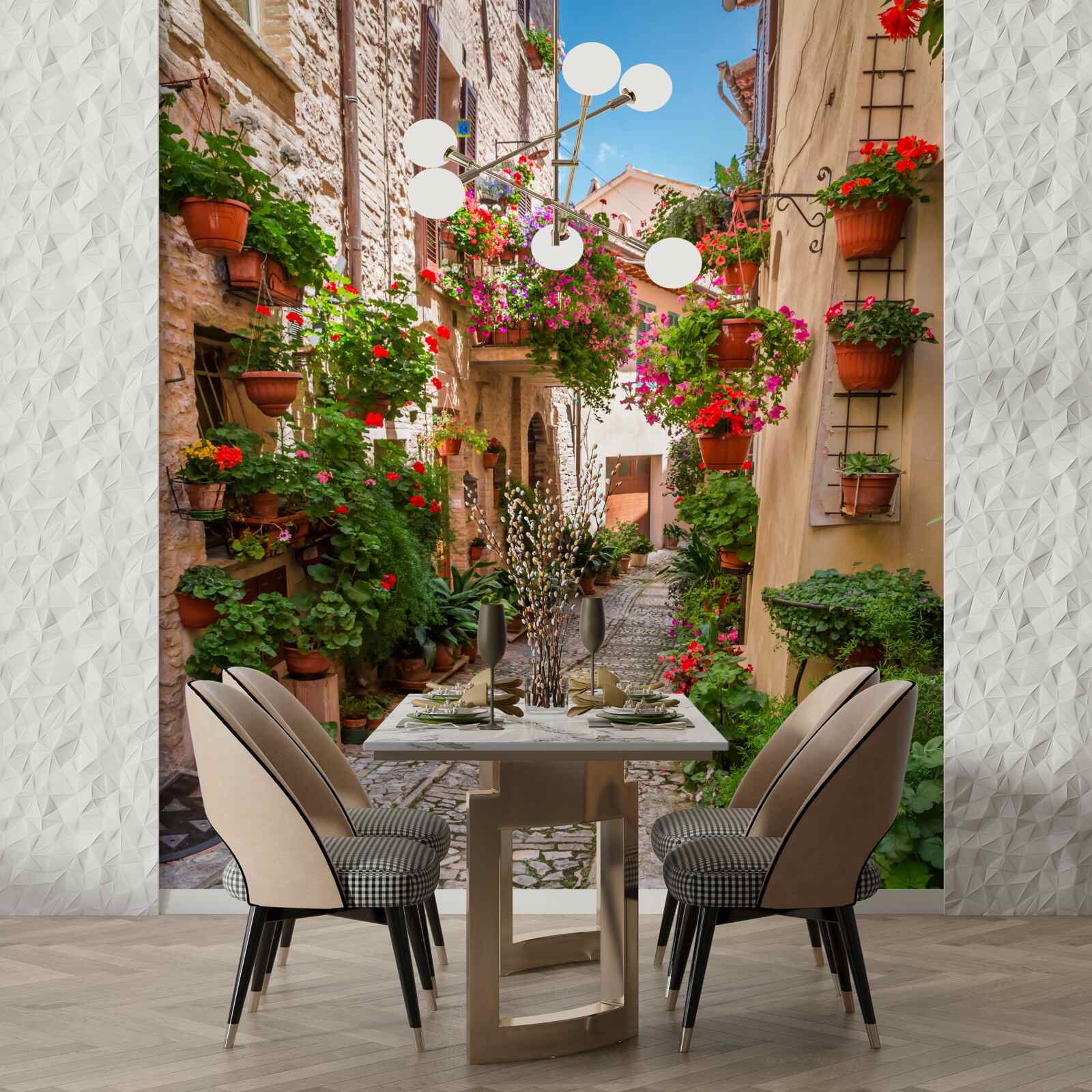 Fotobehang oude straat met stenen stoep