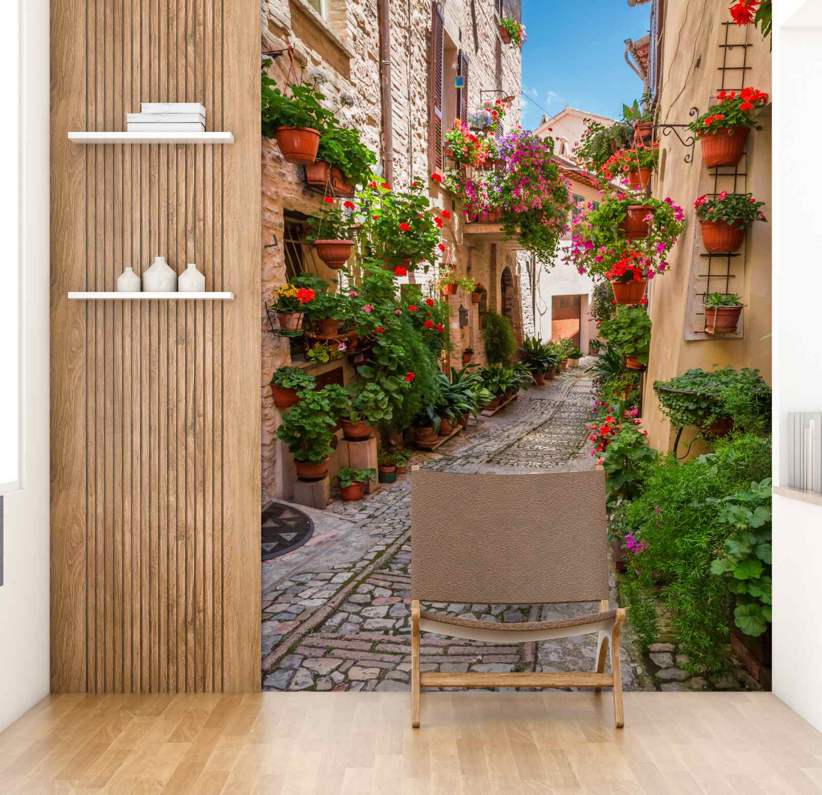 Fotobehang oude straat met stenen stoep