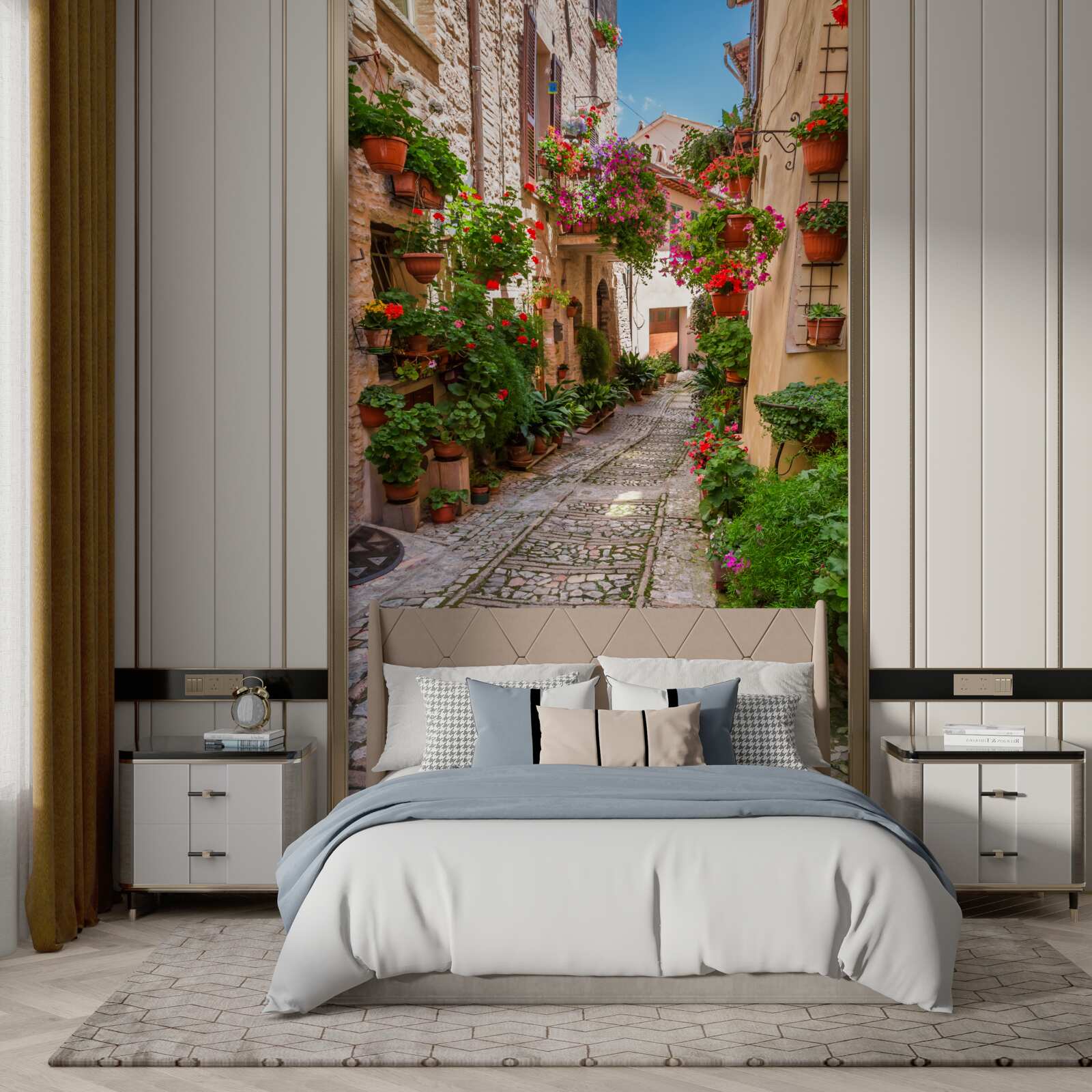 Fotobehang oude straat met stenen stoep