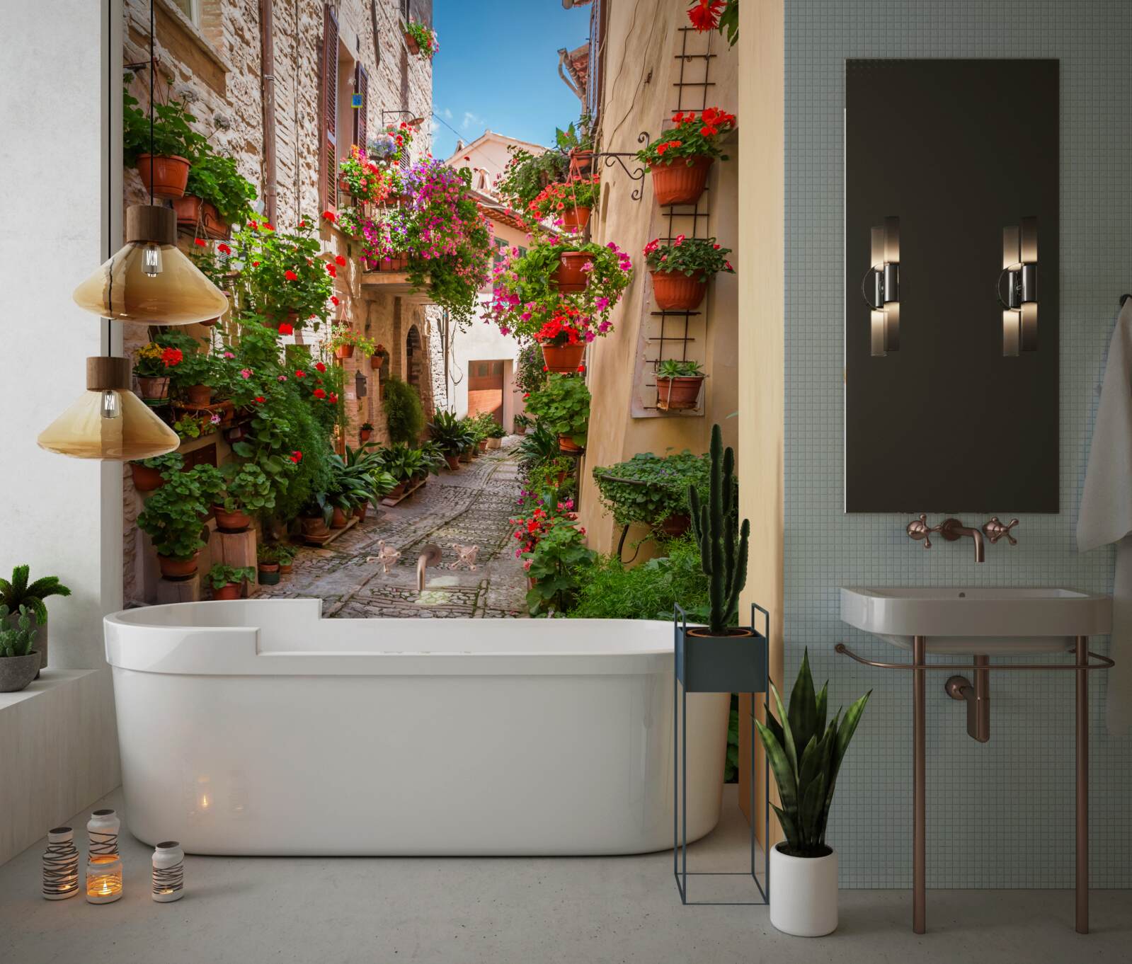 Fotobehang oude straat met stenen stoep