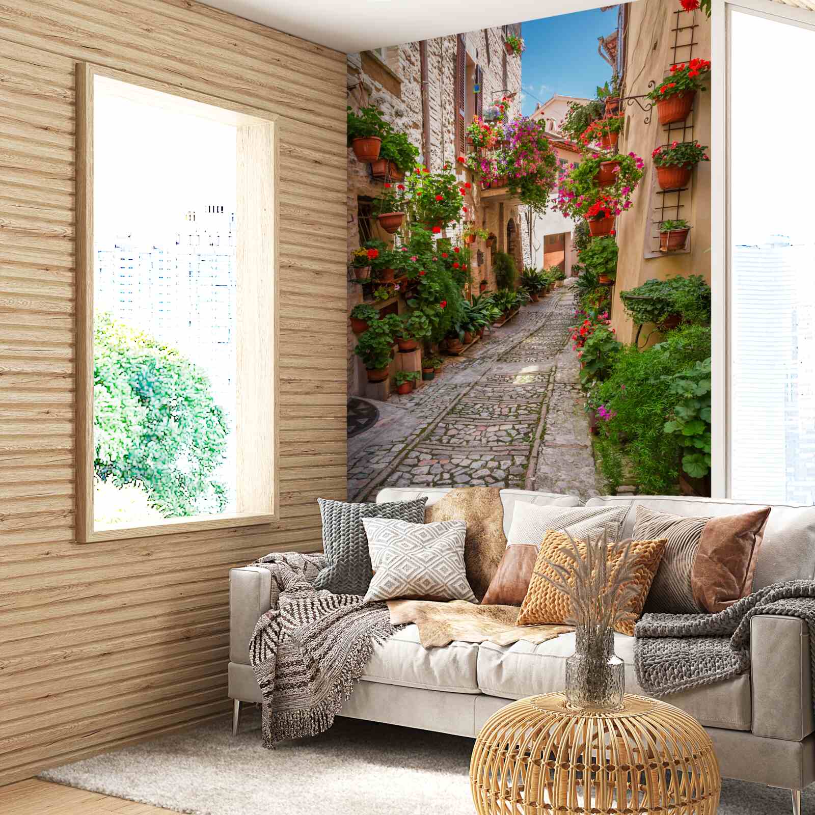 Fotobehang oude straat met stenen stoep