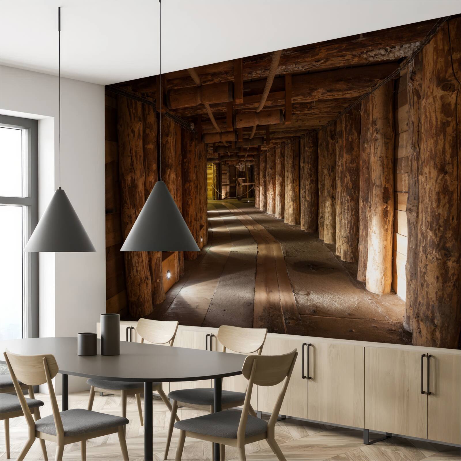 Fotobehang ondergrondse tunnel van hout