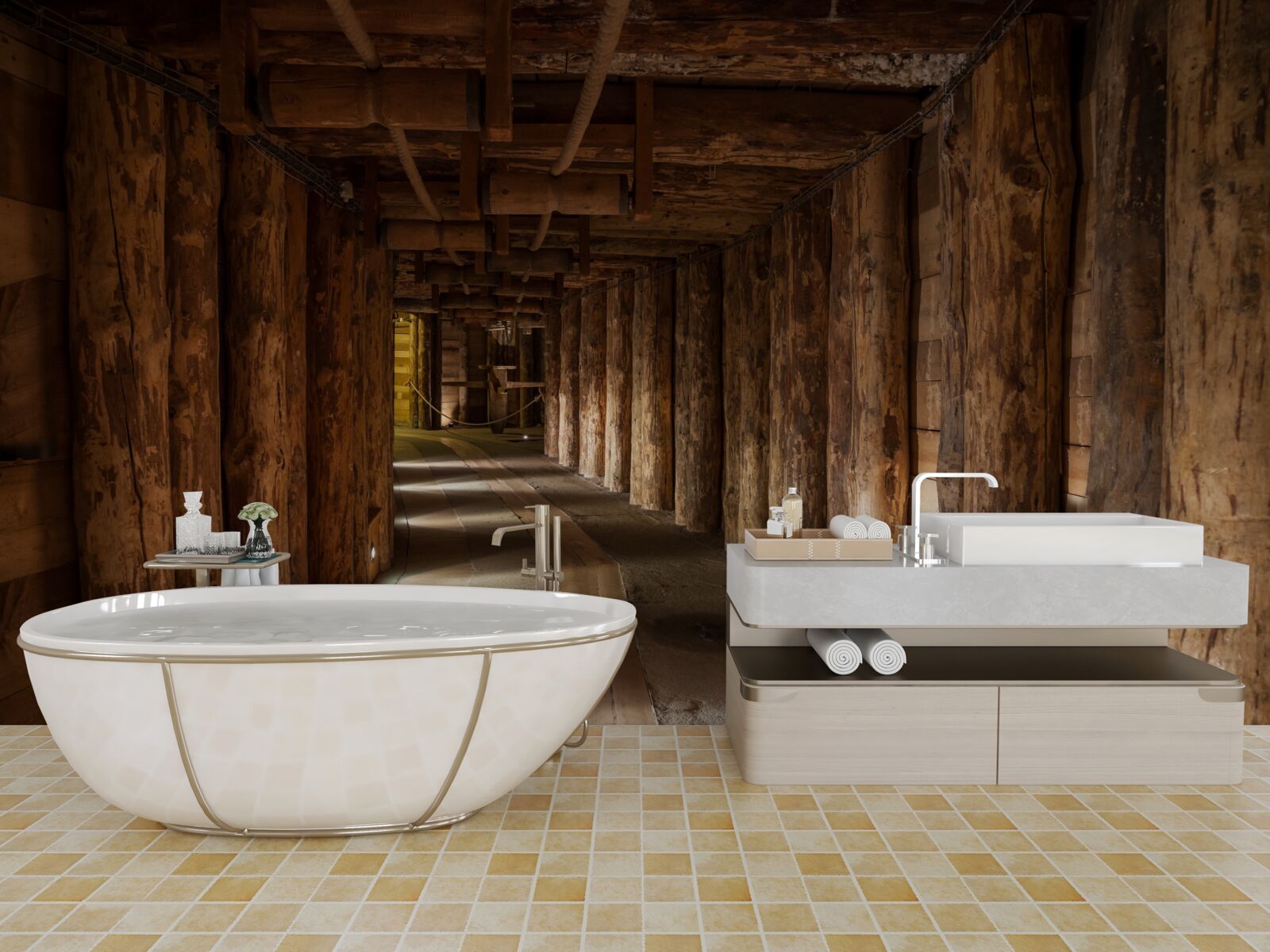 Fotobehang ondergrondse tunnel van hout