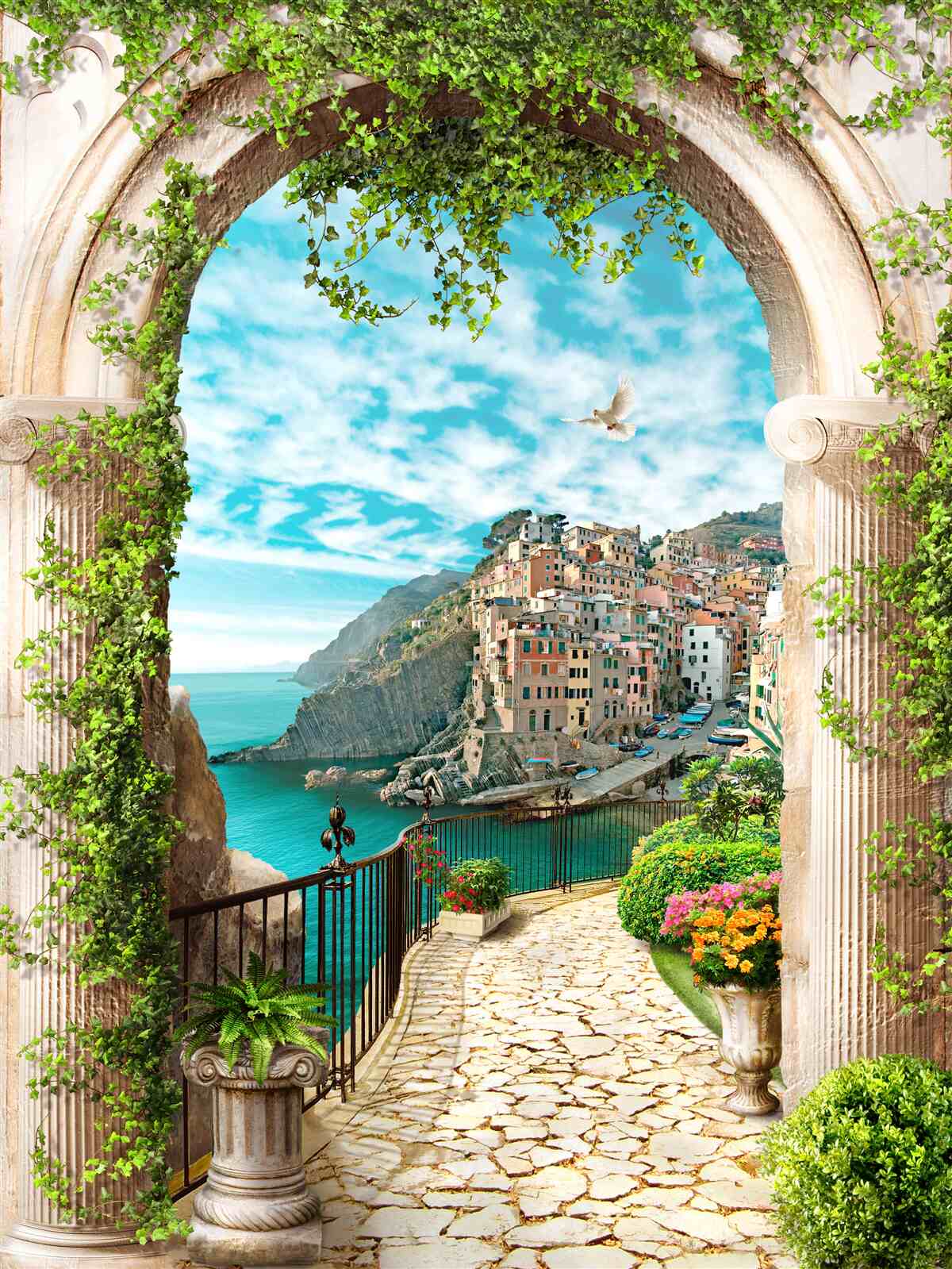 Fotobehang stenen boog en weg die naar de stad leidt