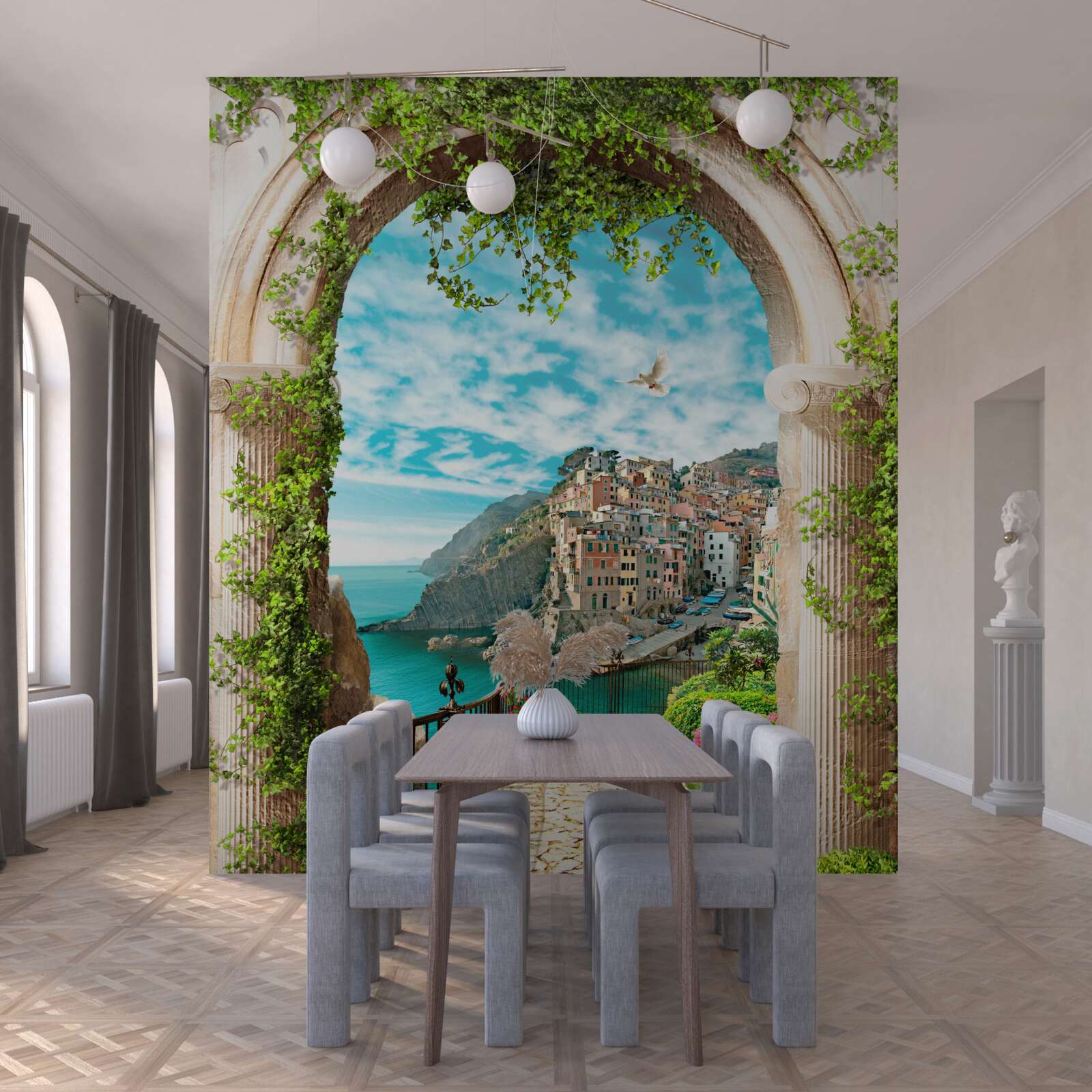 Fotobehang stenen boog en weg die naar de stad leidt