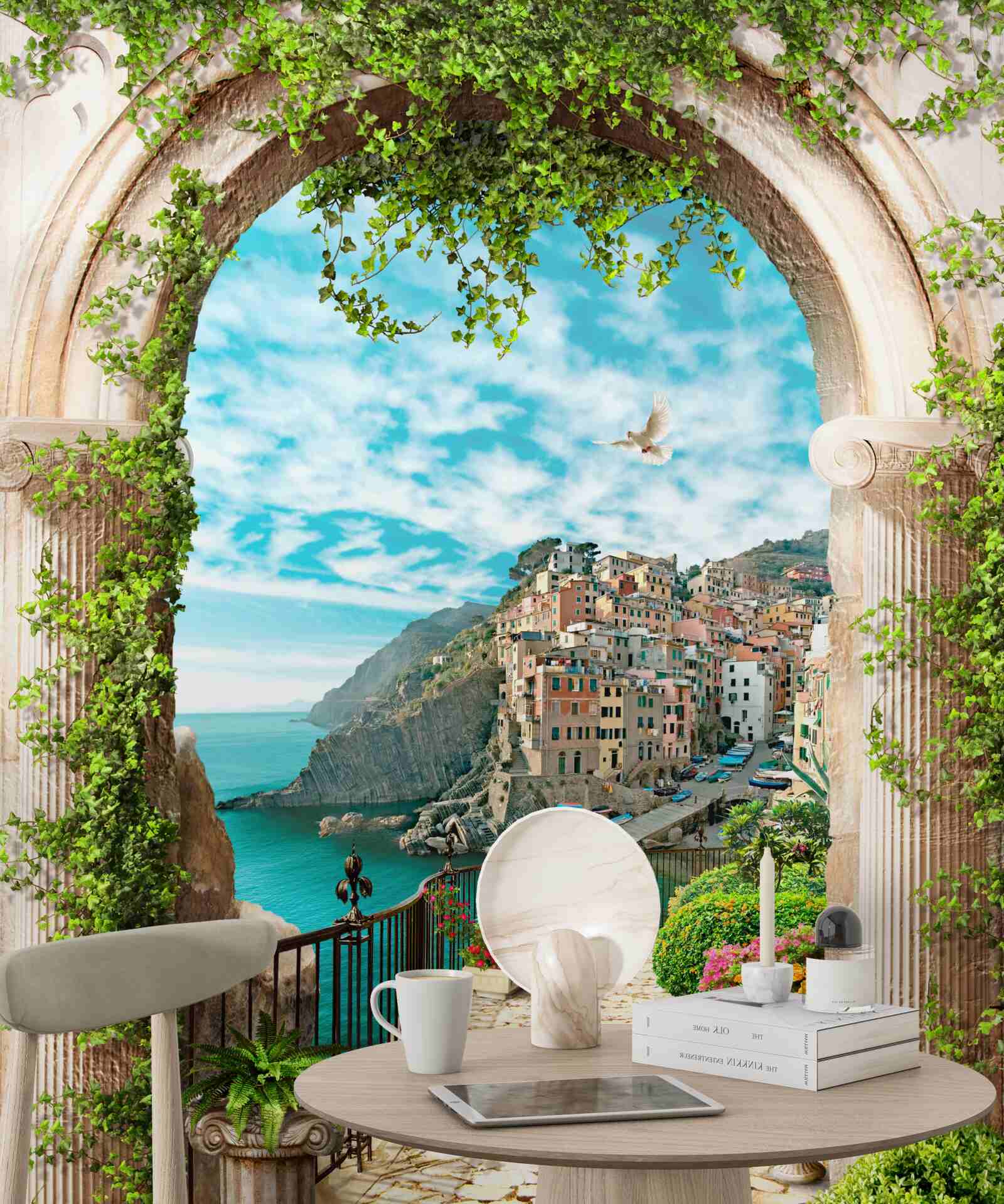 Fotobehang stenen boog en weg die naar de stad leidt