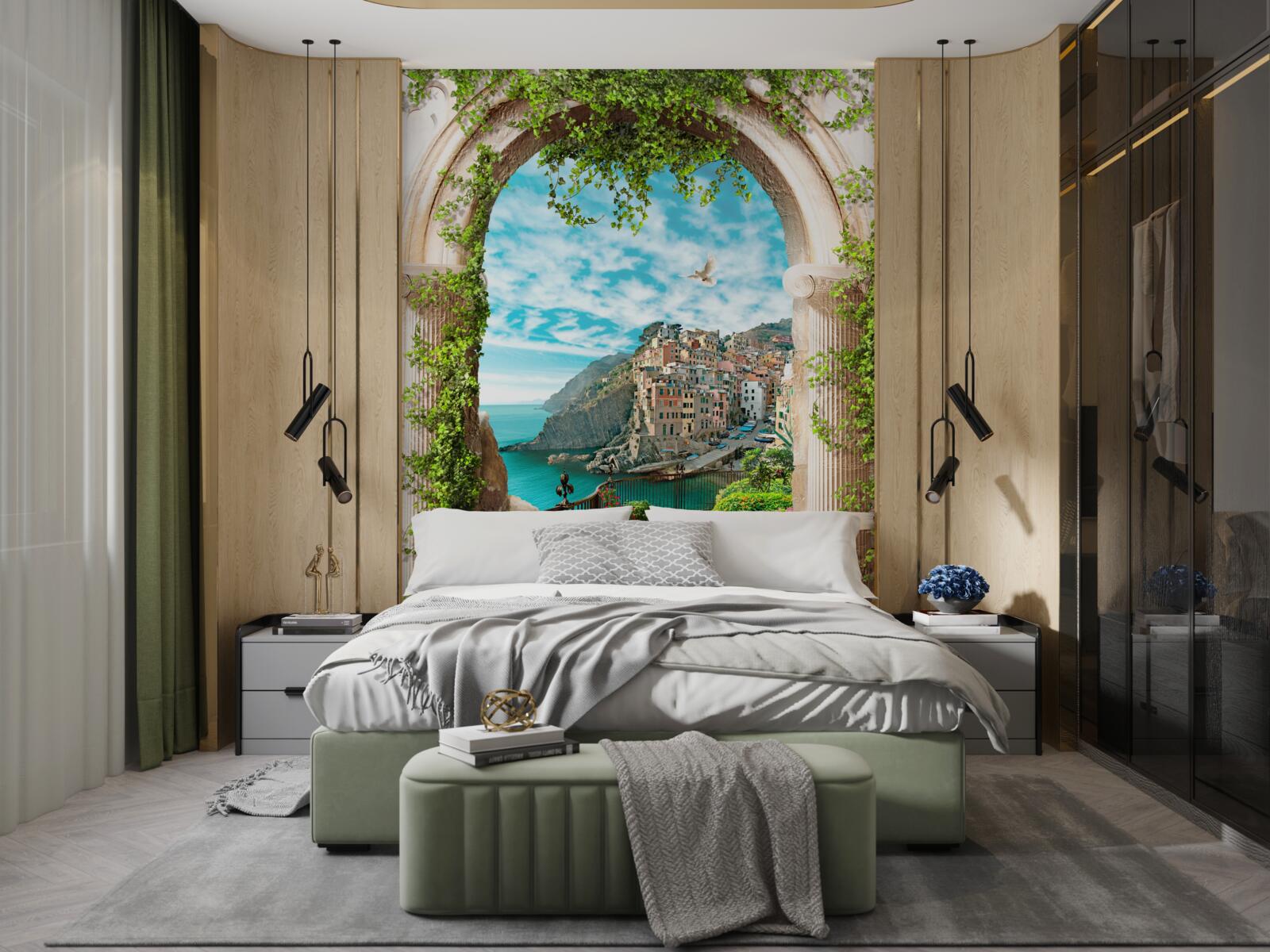 Fotobehang stenen boog en weg die naar de stad leidt