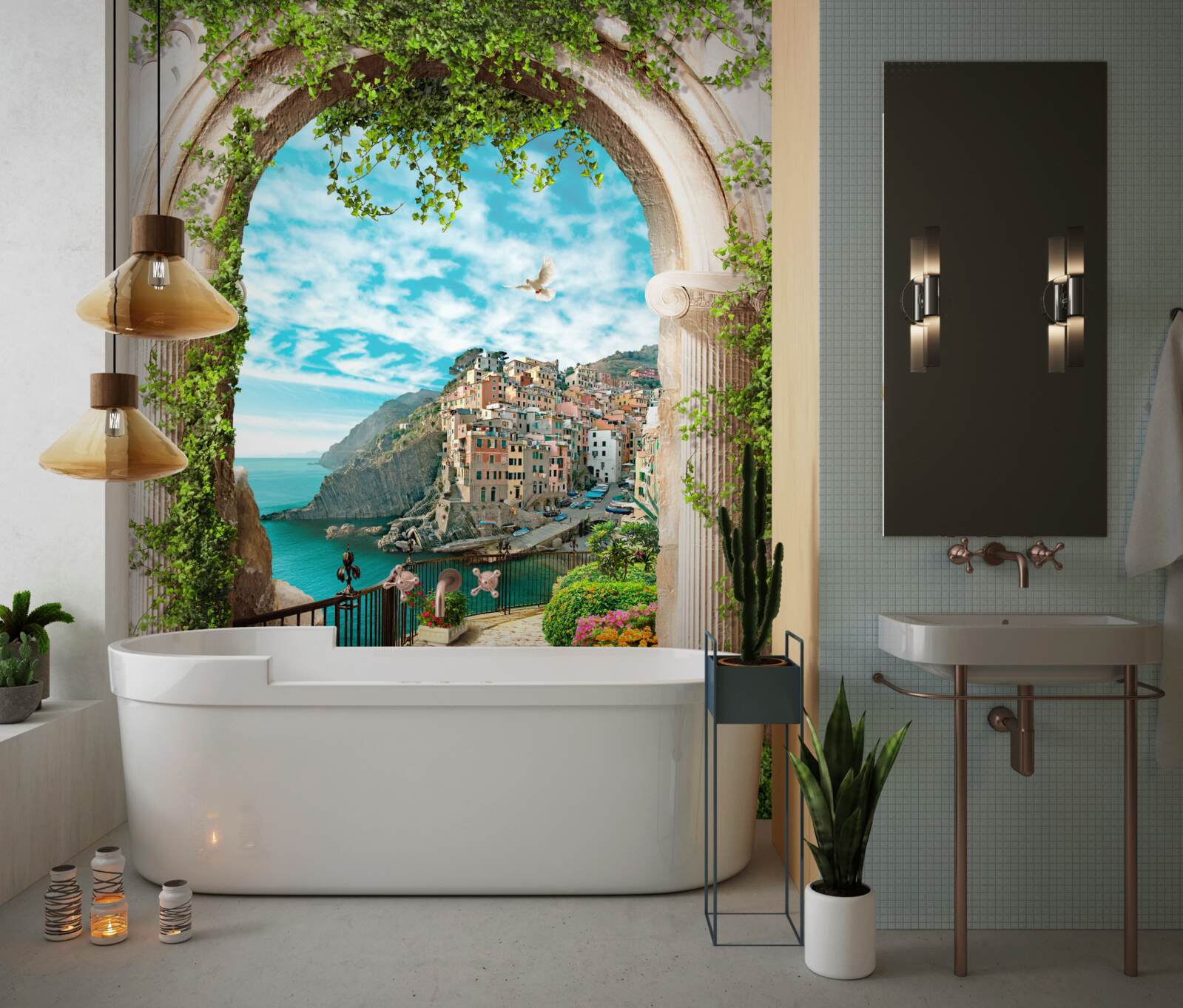 Fotobehang stenen boog en weg die naar de stad leidt