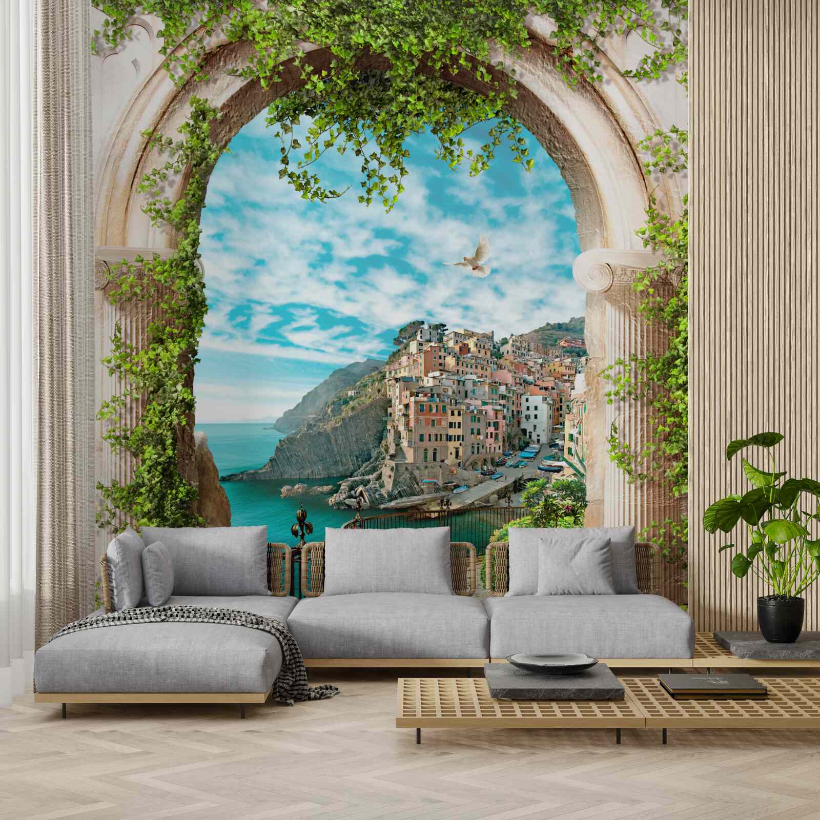 Fotobehang stenen boog en weg die naar de stad leidt