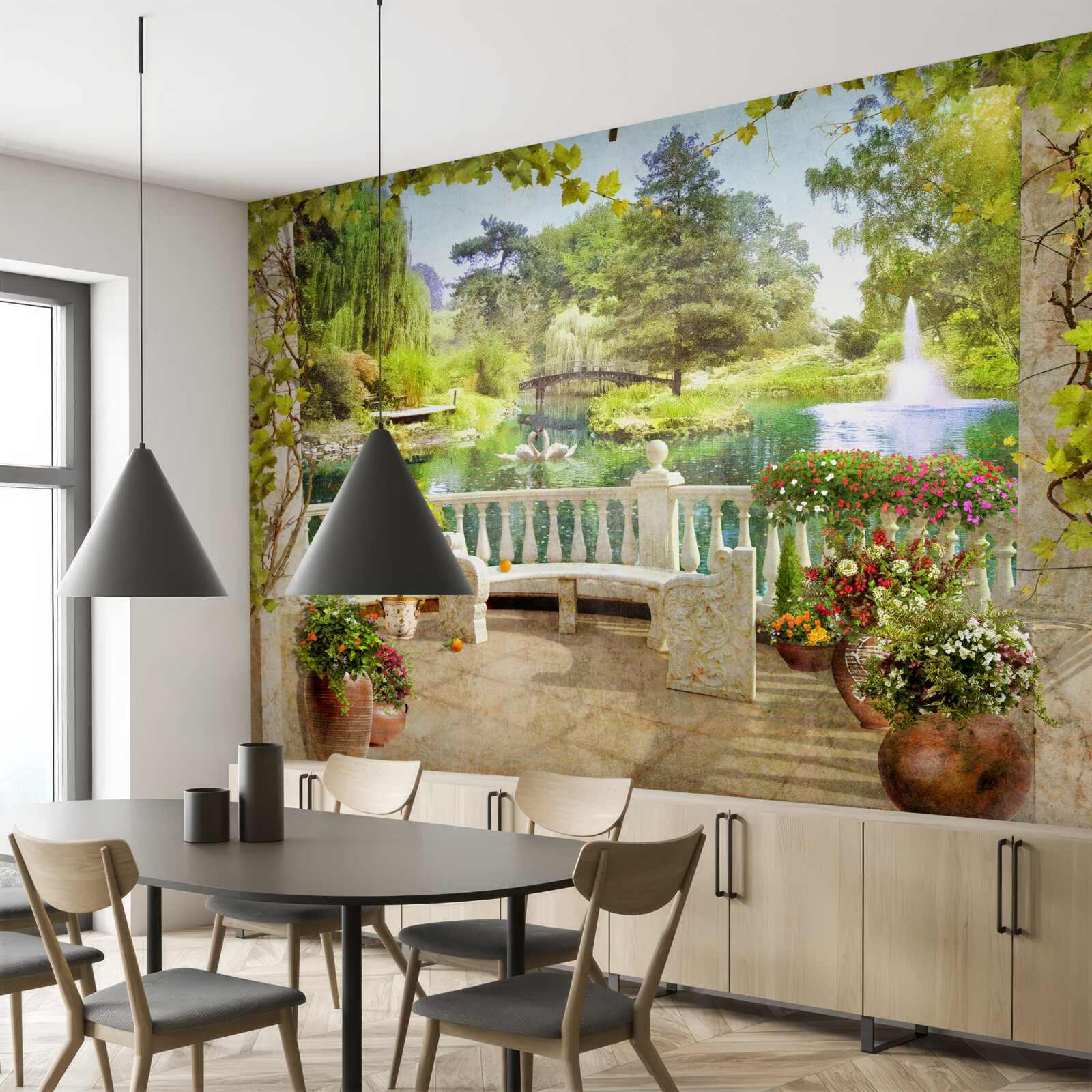 Fotobehang Zwanen bij het meer op het terras