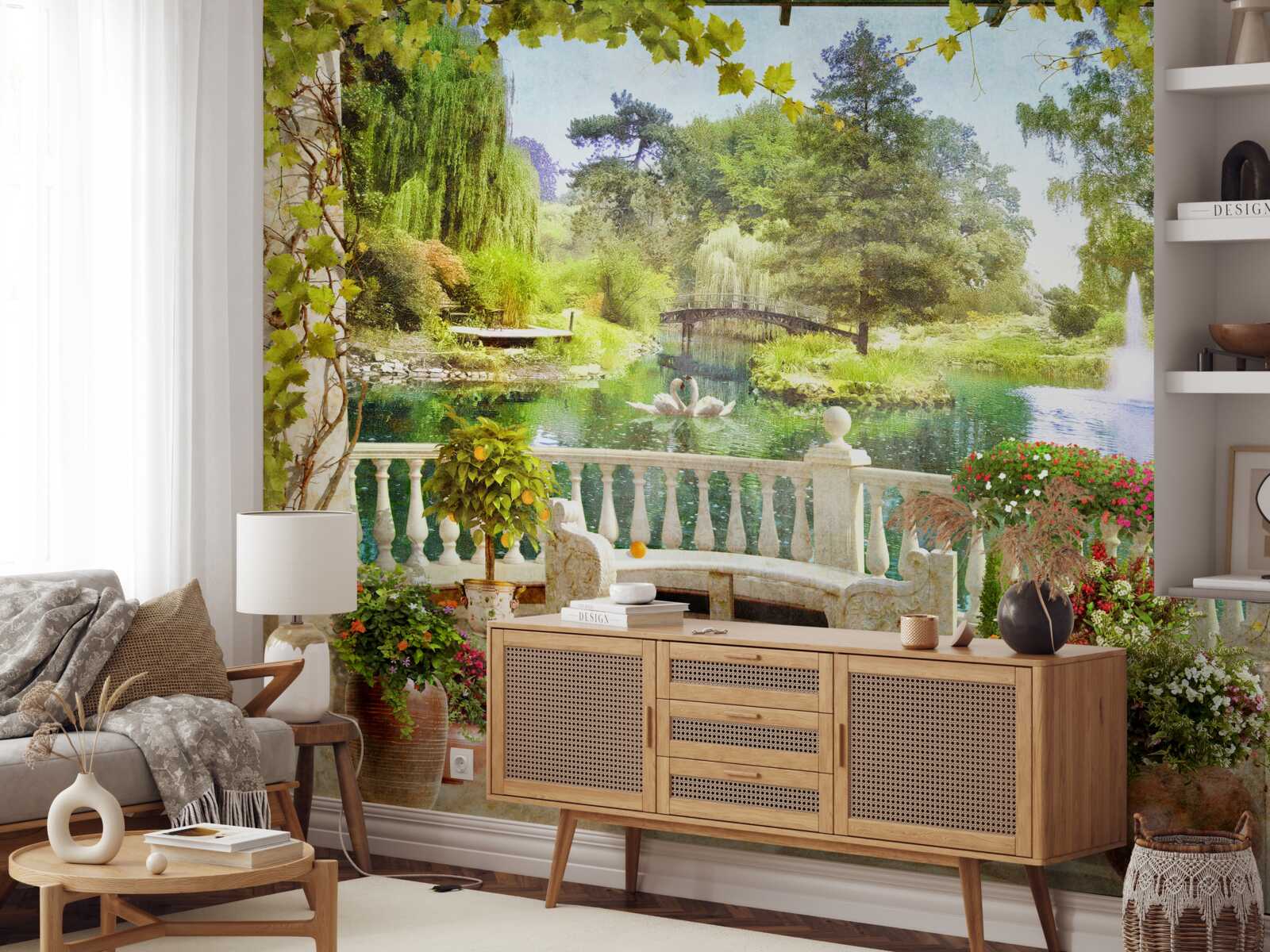 Fotobehang Zwanen bij het meer op het terras