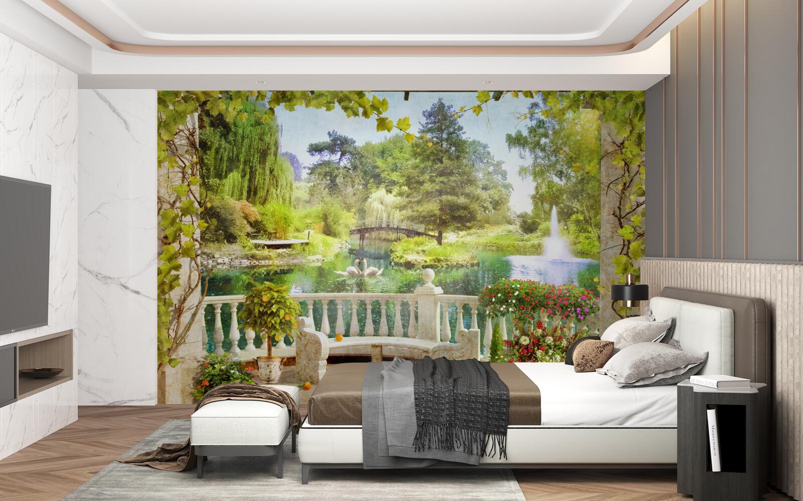 Fotobehang Zwanen bij het meer op het terras