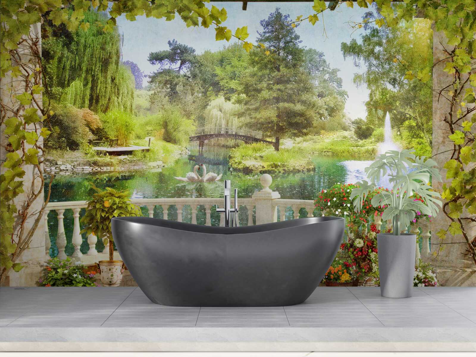 Fotobehang Zwanen bij het meer op het terras