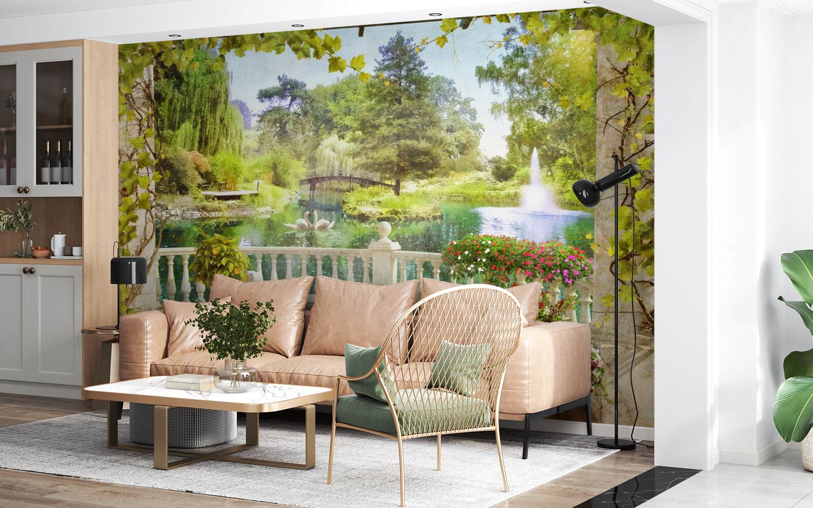 Fotobehang Zwanen bij het meer op het terras