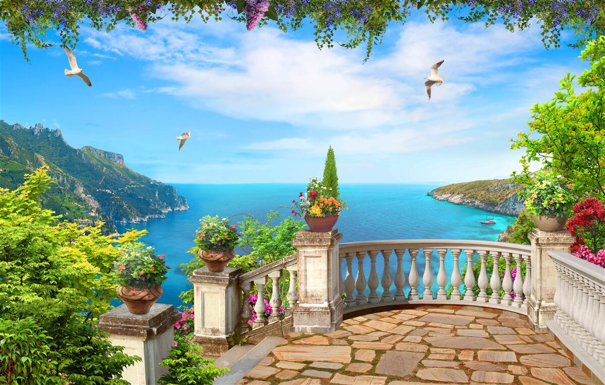 Fotobehang balkon met comfortabele omgeving, met uitzicht op de diepten van de zee en de bergtoppen