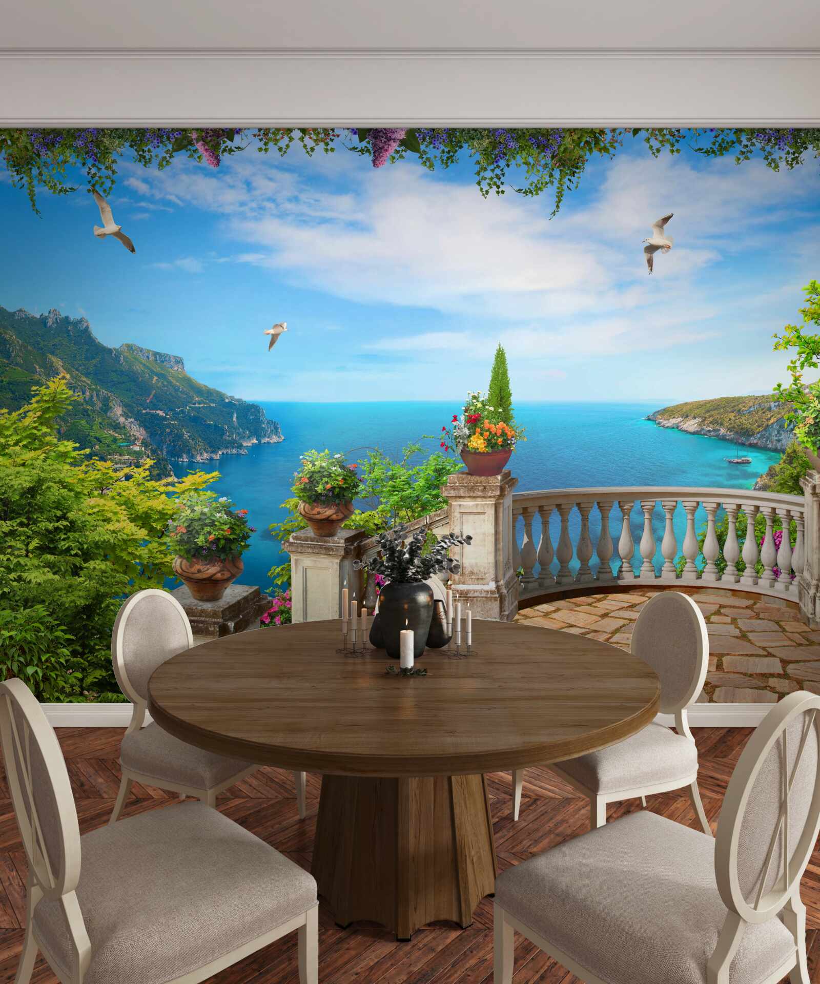 Fotobehang balkon met comfortabele omgeving, met uitzicht op de diepten van de zee en de bergtoppen