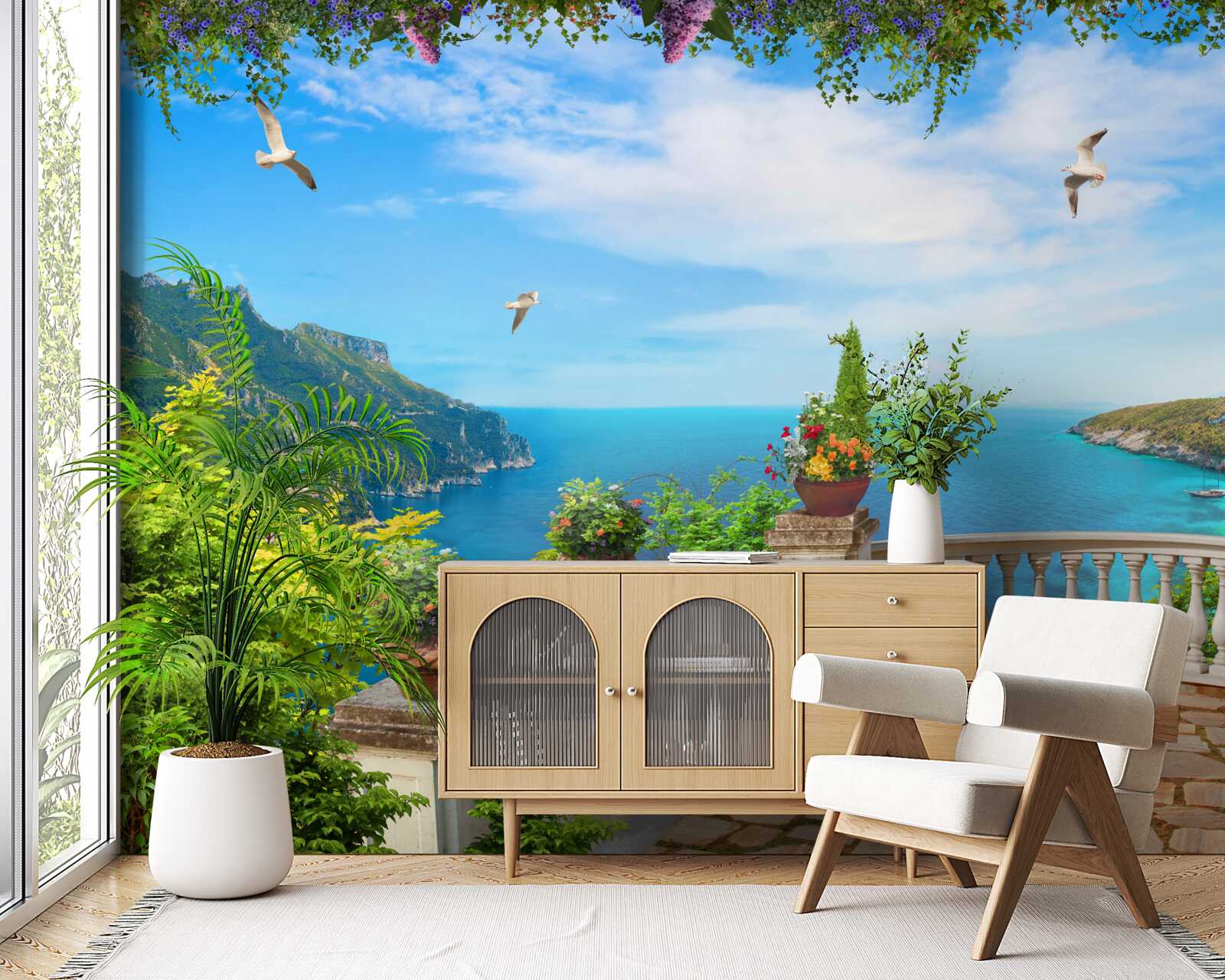 Fotobehang balkon met comfortabele omgeving, met uitzicht op de diepten van de zee en de bergtoppen