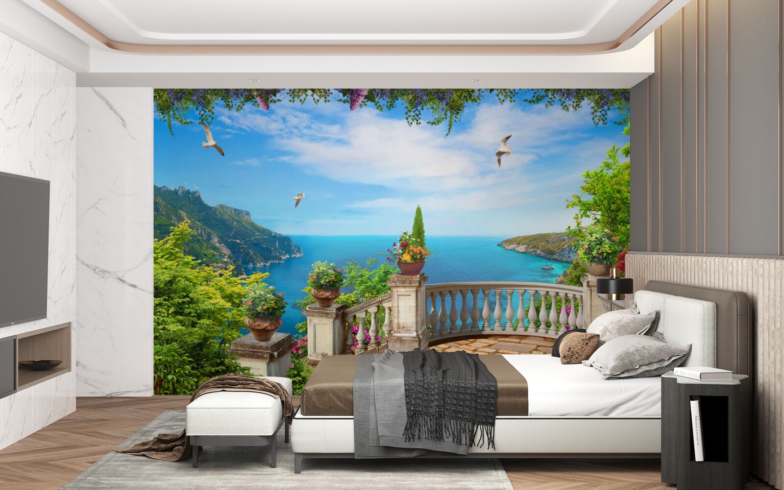 Fotobehang balkon met comfortabele omgeving, met uitzicht op de diepten van de zee en de bergtoppen