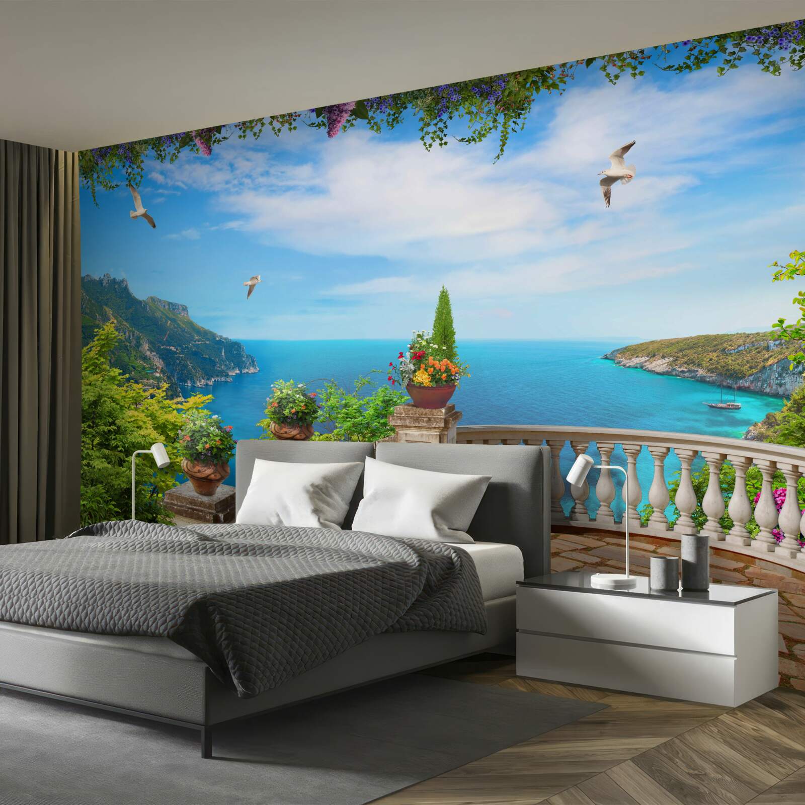 Fotobehang balkon met comfortabele omgeving, met uitzicht op de diepten van de zee en de bergtoppen