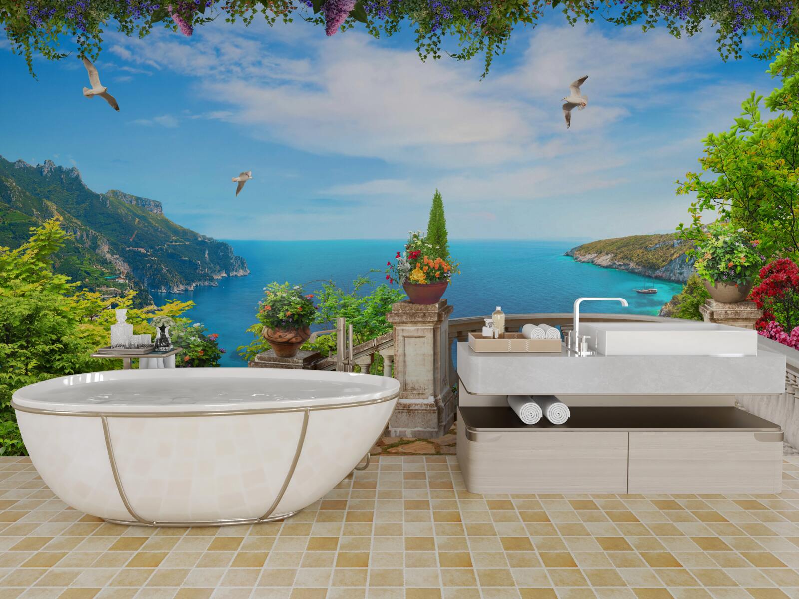 Fotobehang balkon met comfortabele omgeving, met uitzicht op de diepten van de zee en de bergtoppen