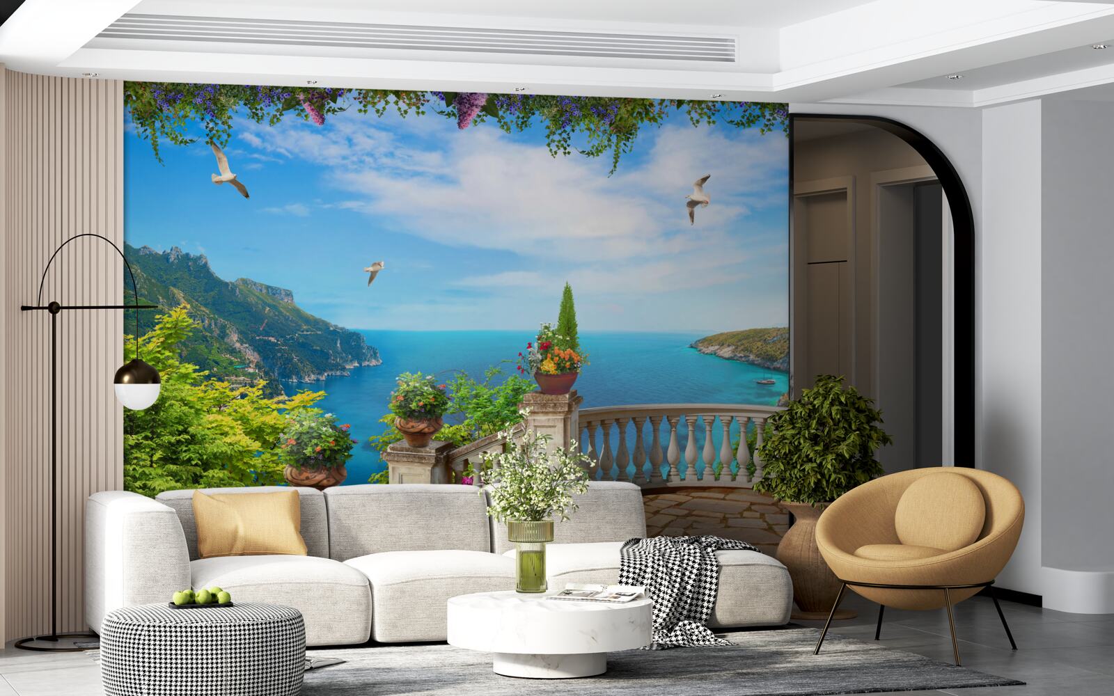 Fotobehang balkon met comfortabele omgeving, met uitzicht op de diepten van de zee en de bergtoppen