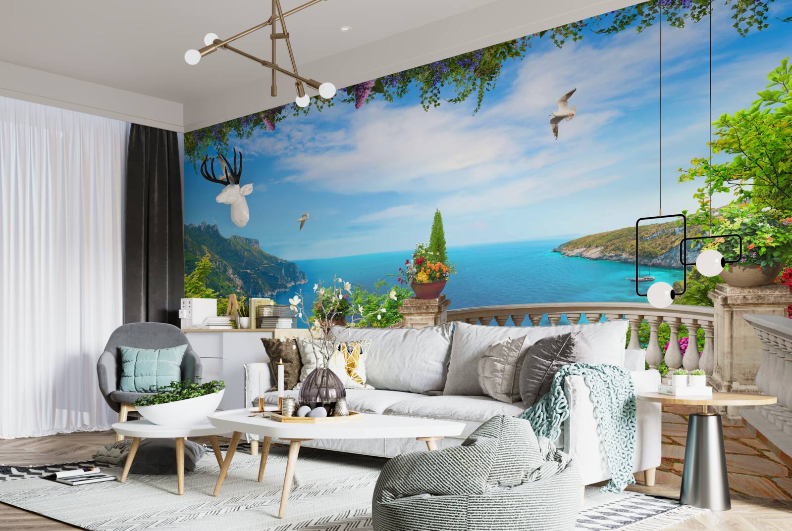 Fotobehang balkon met comfortabele omgeving, met uitzicht op de diepten van de zee en de bergtoppen