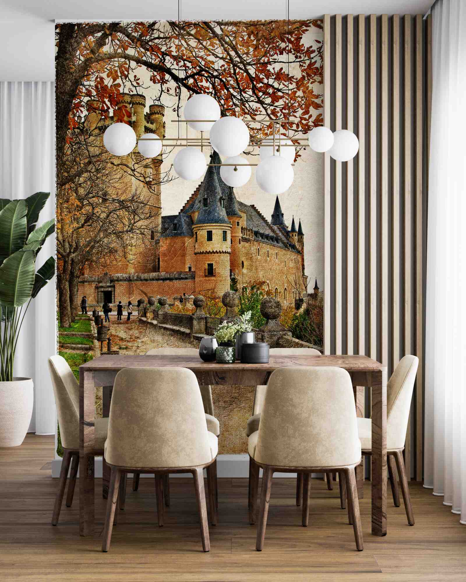 Fotobehang Pad naar het oude kasteel in de herfst