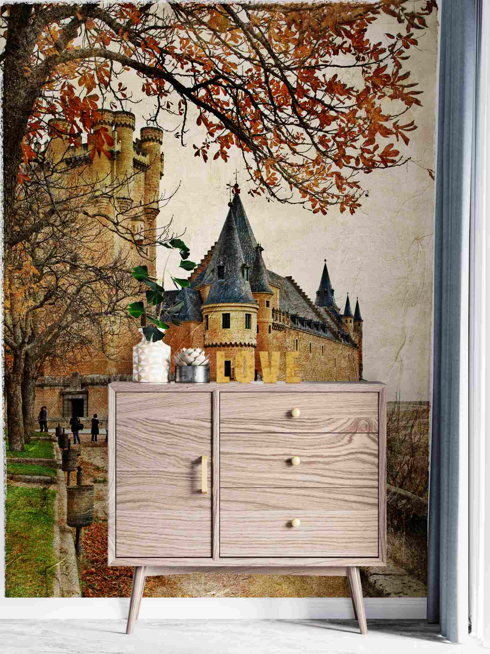 Fotobehang Pad naar het oude kasteel in de herfst