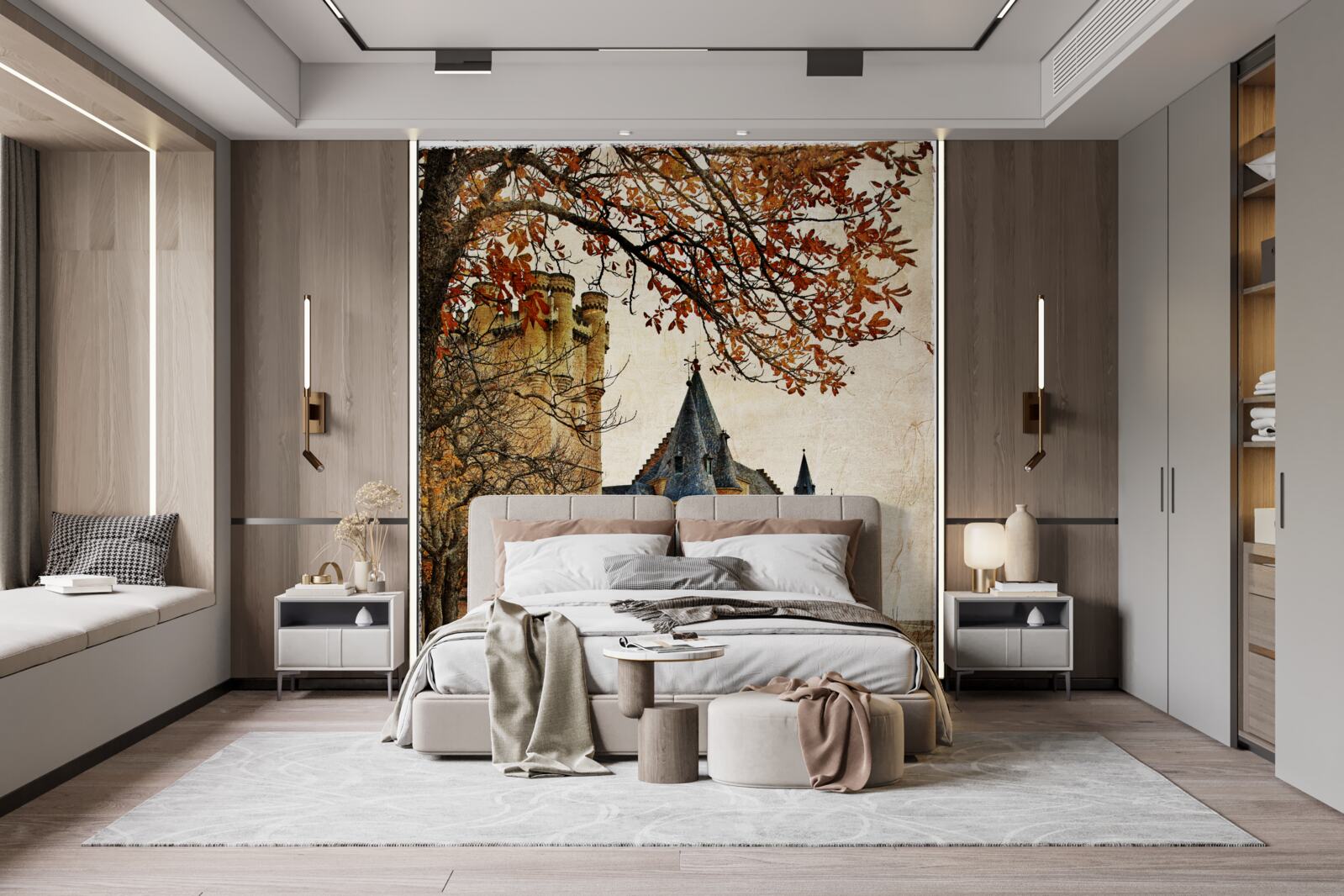 Fotobehang Pad naar het oude kasteel in de herfst