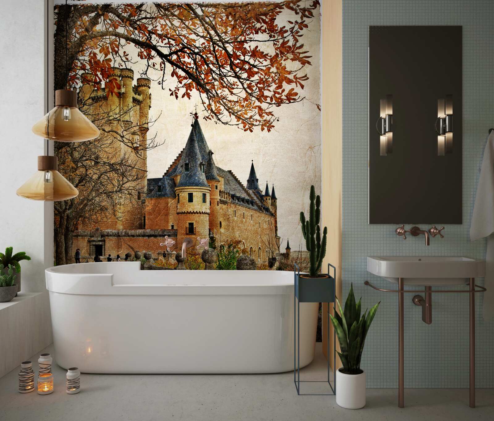 Fotobehang Pad naar het oude kasteel in de herfst