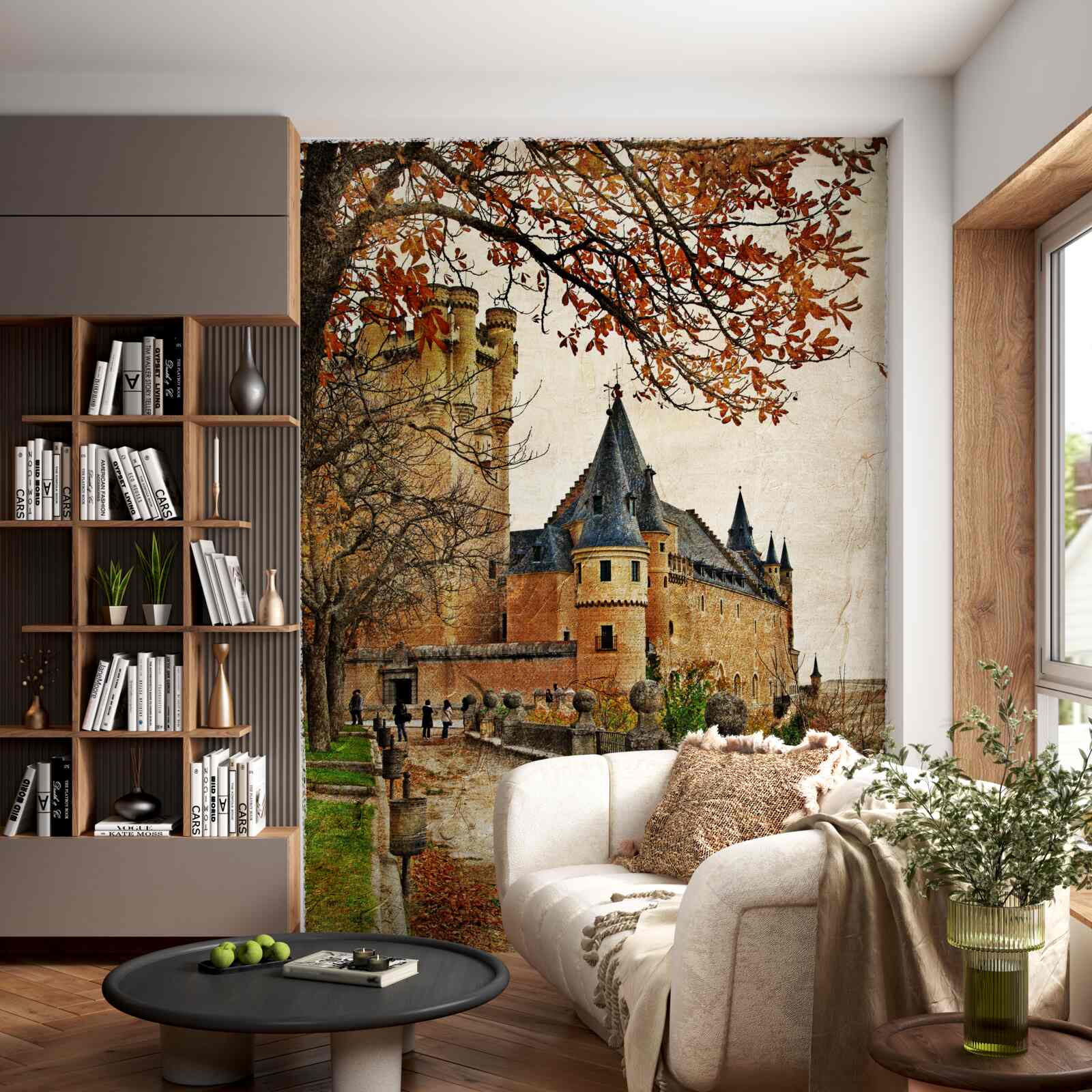 Fotobehang Pad naar het oude kasteel in de herfst