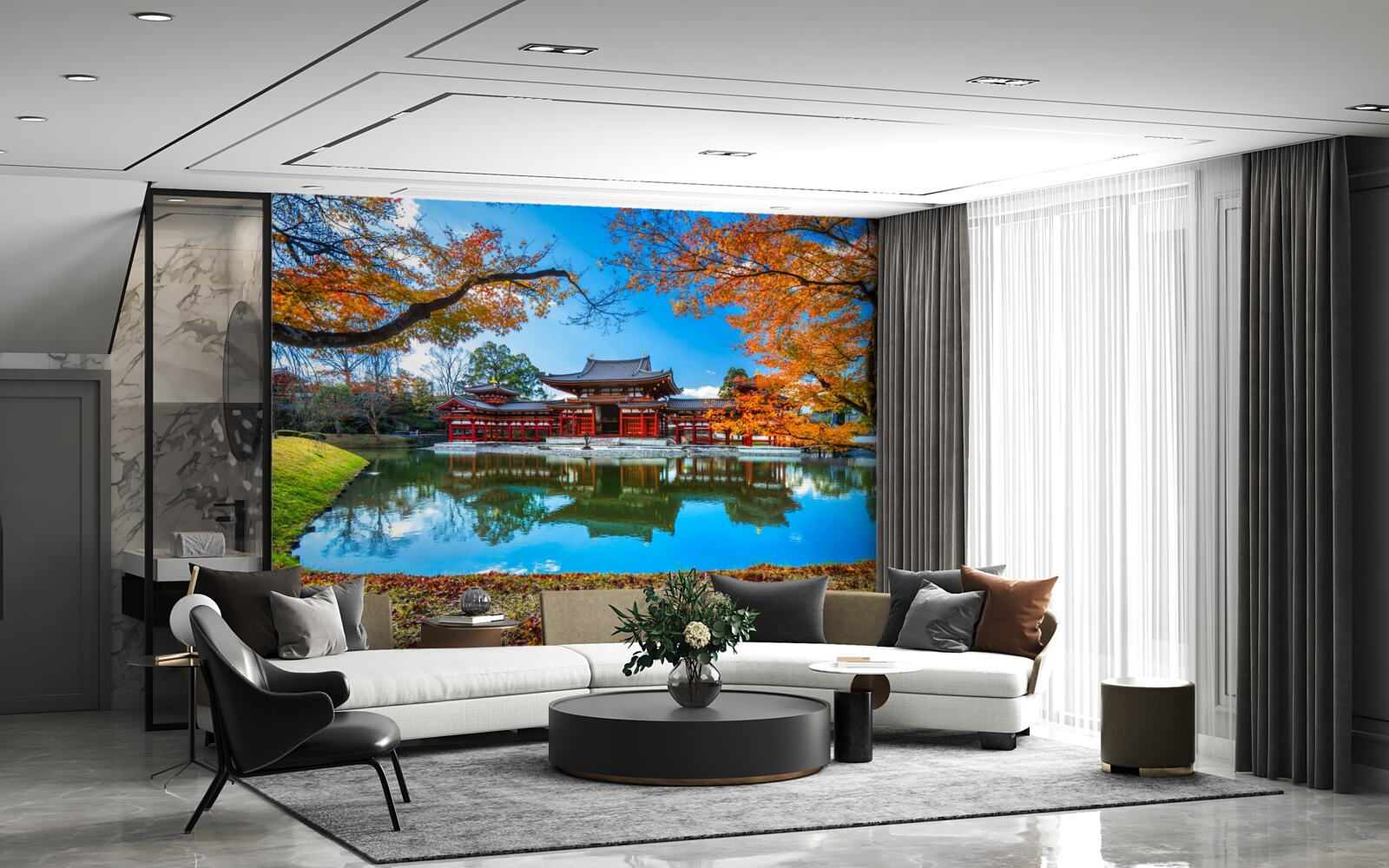 Fotobehang weerspiegeling van de herfst in een Japans park