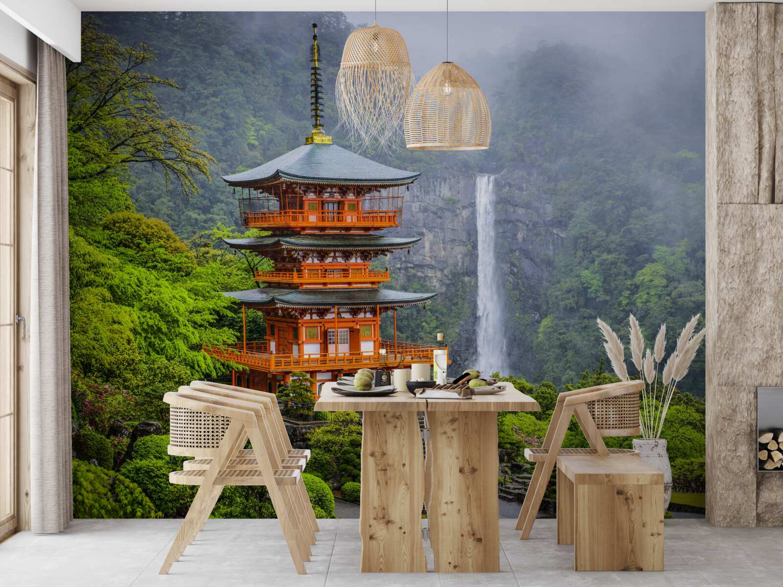 Fotobehang Japanse pagode bij een waterval