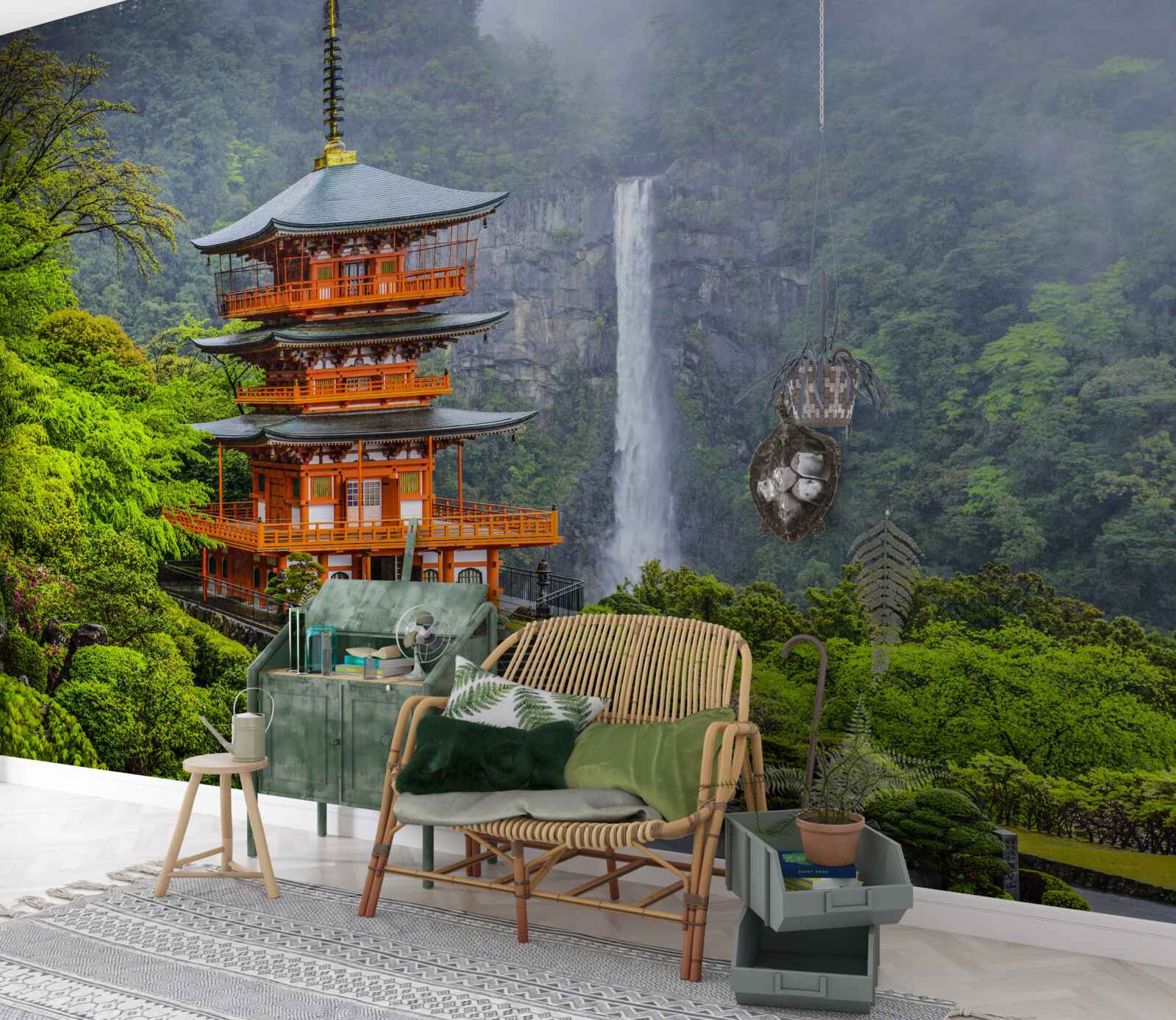 Fotobehang Japanse pagode bij een waterval