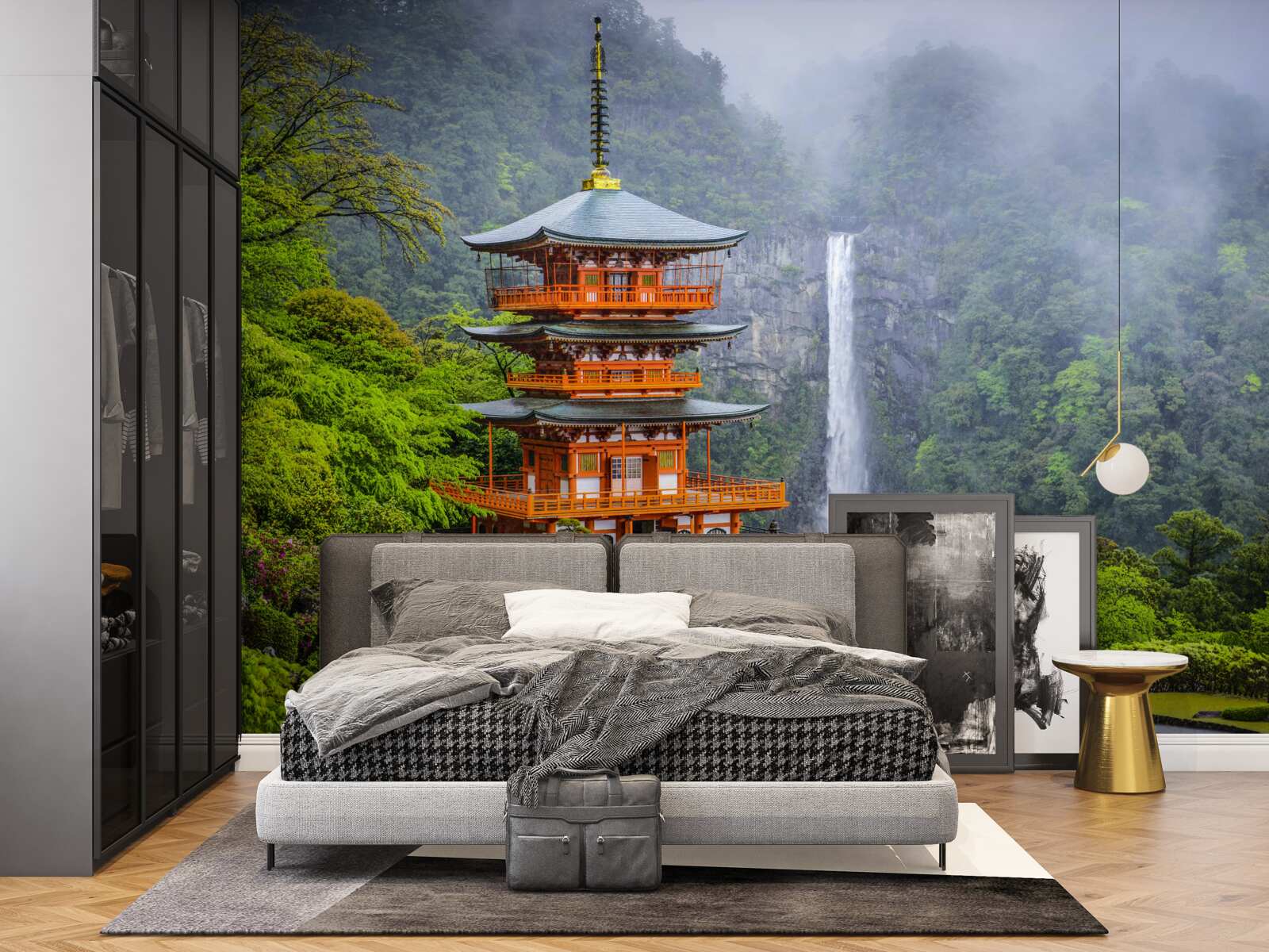Fotobehang Japanse pagode bij een waterval