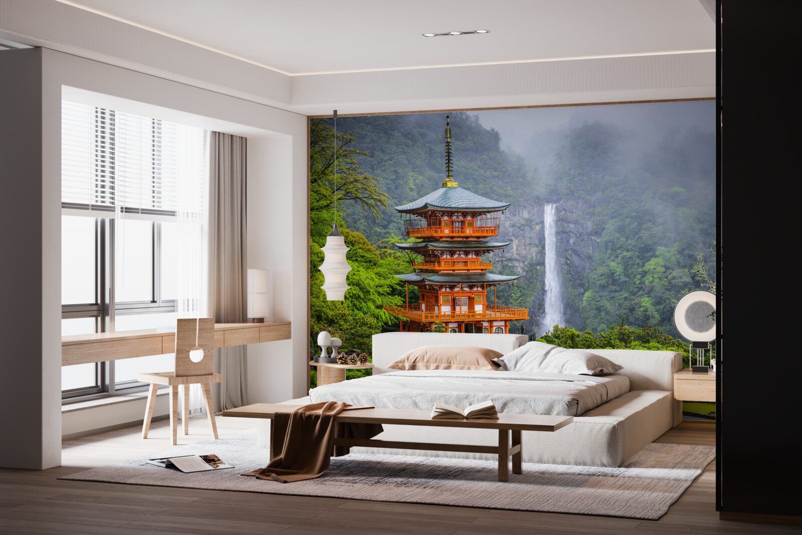 Fotobehang Japanse pagode bij een waterval