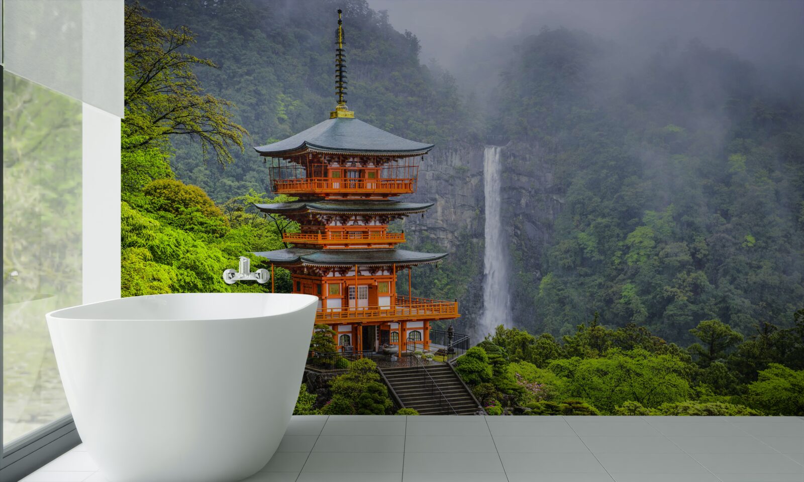 Fotobehang Japanse pagode bij een waterval