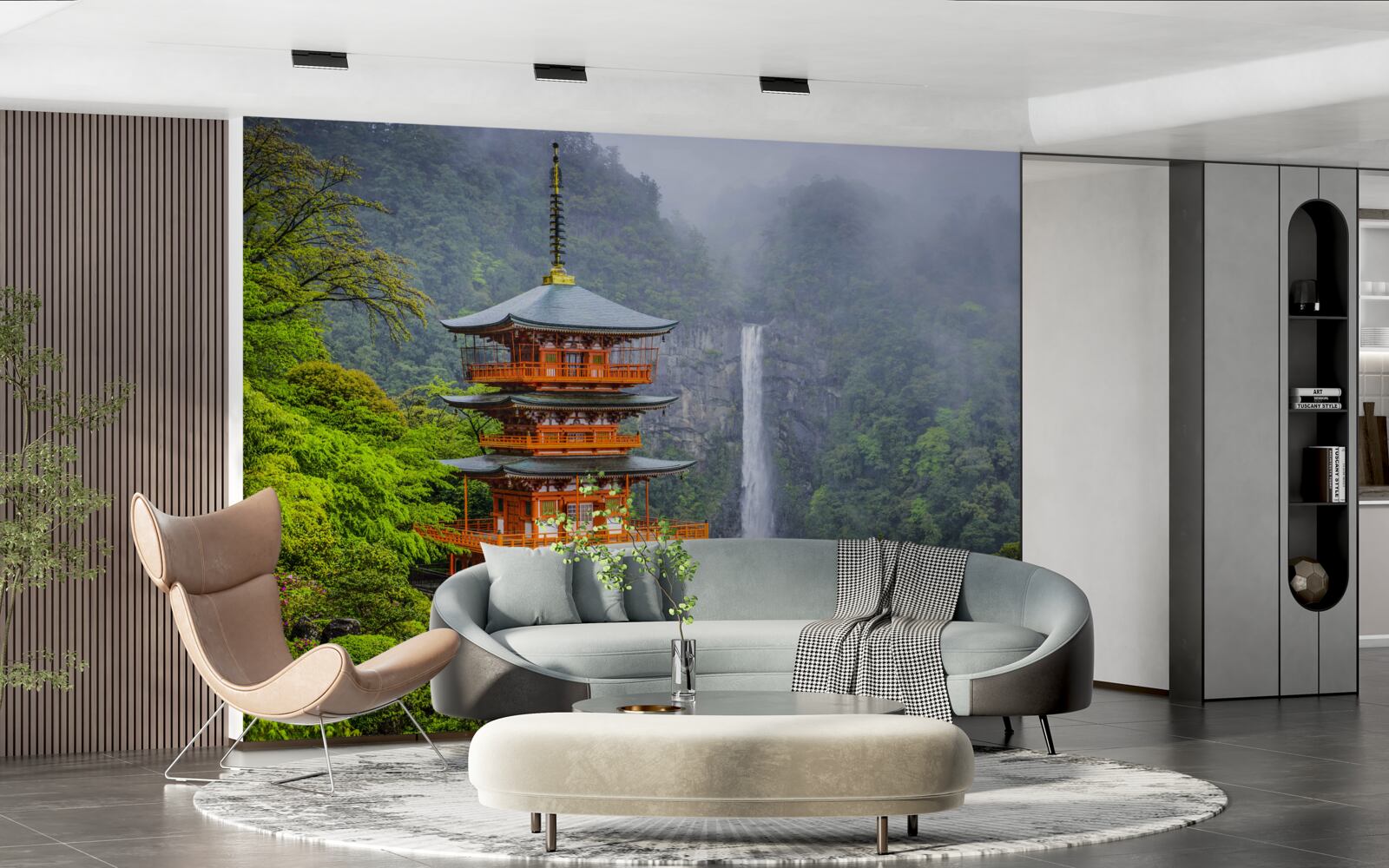 Fotobehang Japanse pagode bij een waterval