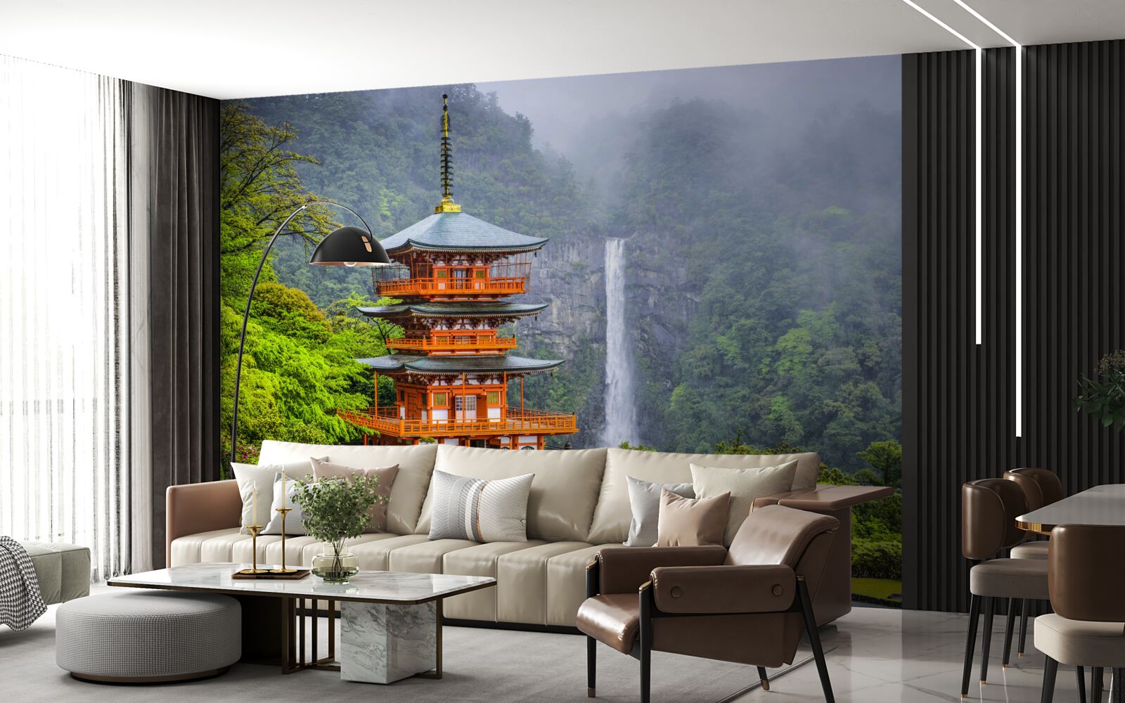 Fotobehang Japanse pagode bij een waterval