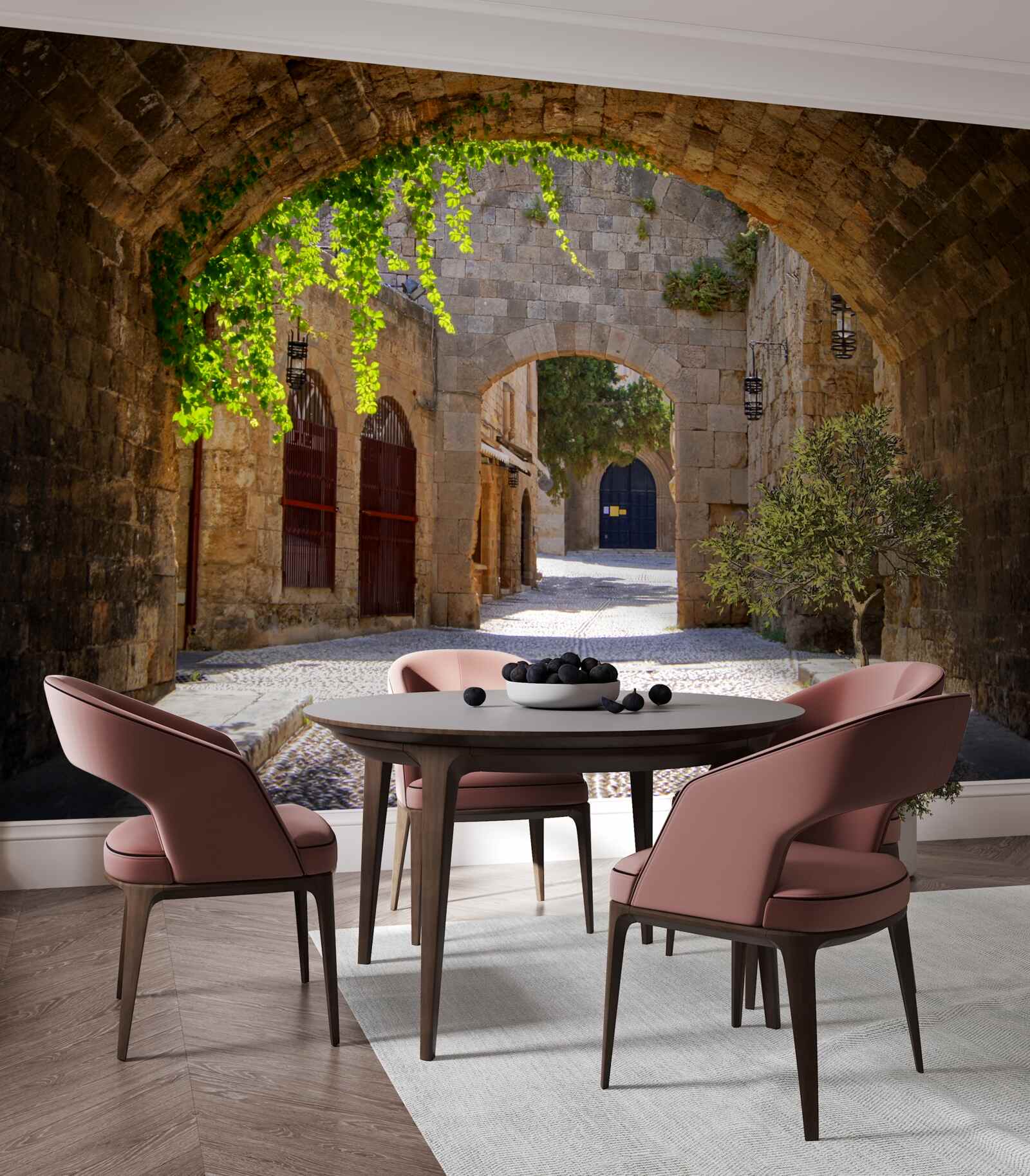 Fotobehang de oude stad is versierd met een stenen boog