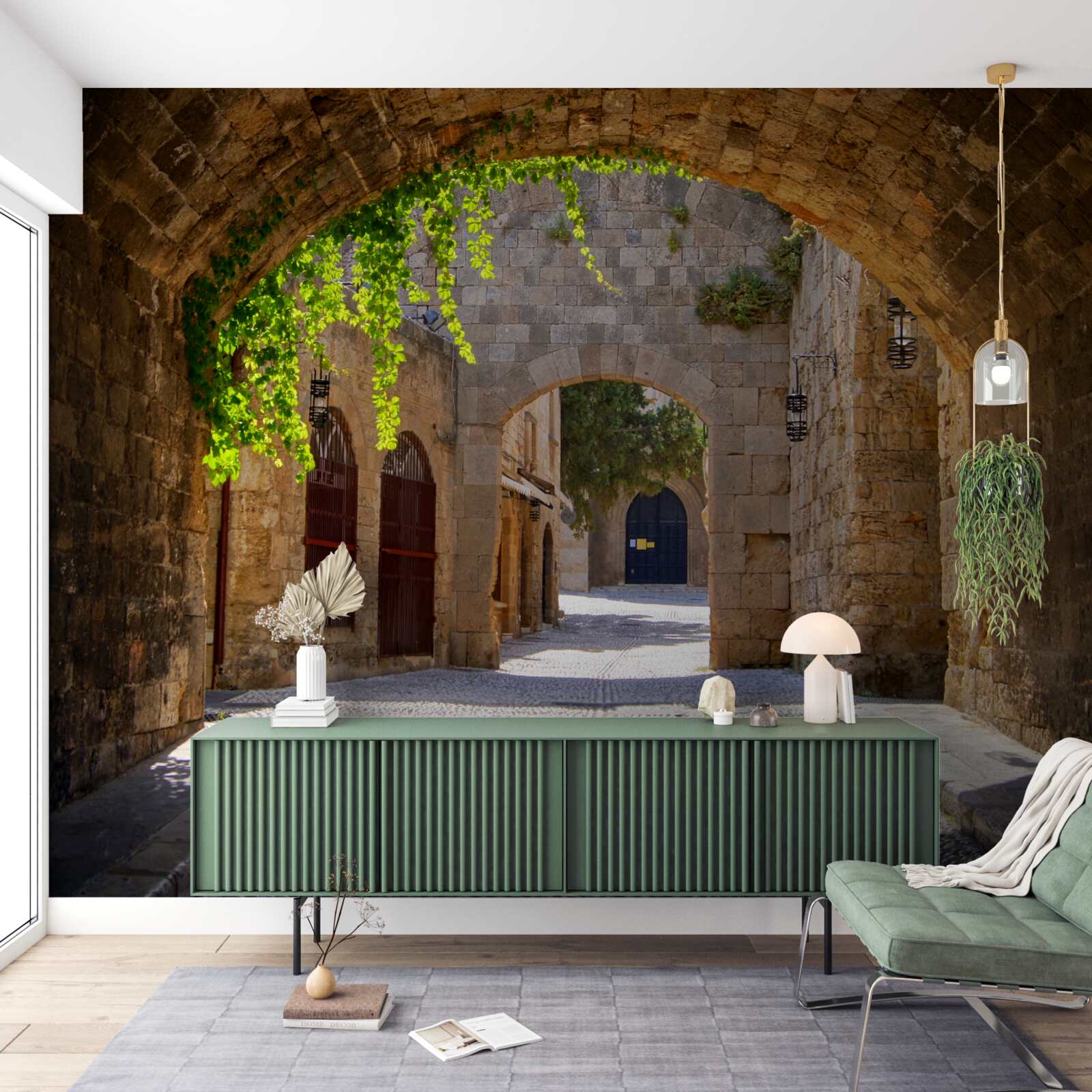 Fotobehang de oude stad is versierd met een stenen boog