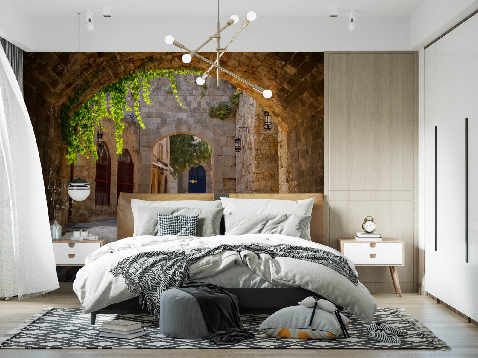 Fotobehang de oude stad is versierd met een stenen boog