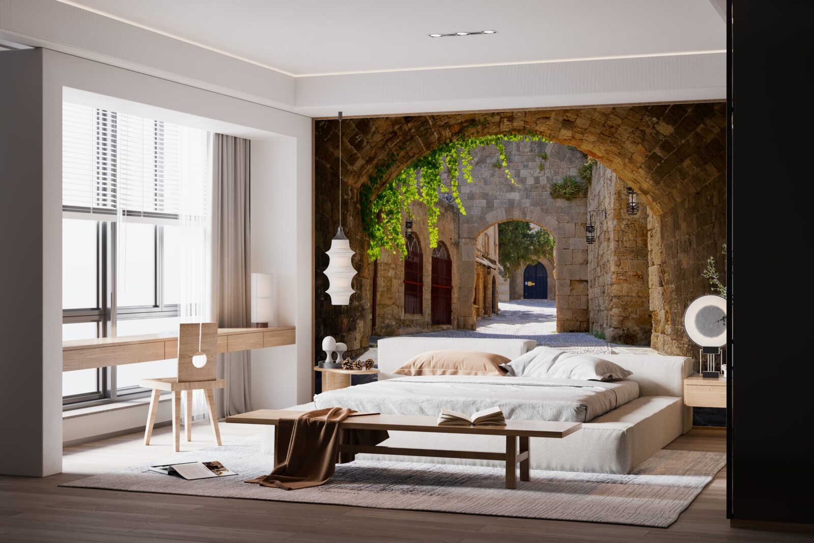 Fotobehang de oude stad is versierd met een stenen boog