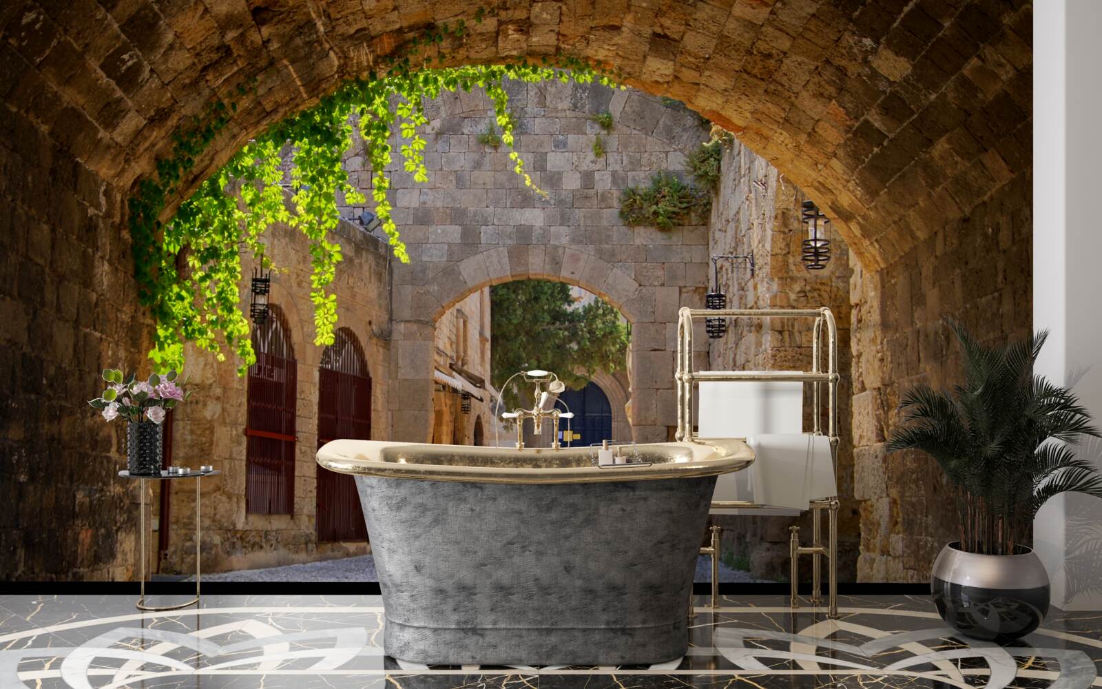 Fotobehang de oude stad is versierd met een stenen boog